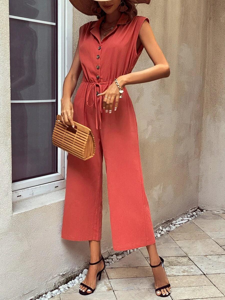 Drawstring Waist Button Front Wide Leg Shirt Jumpsuit-Comfy Jumpsuits