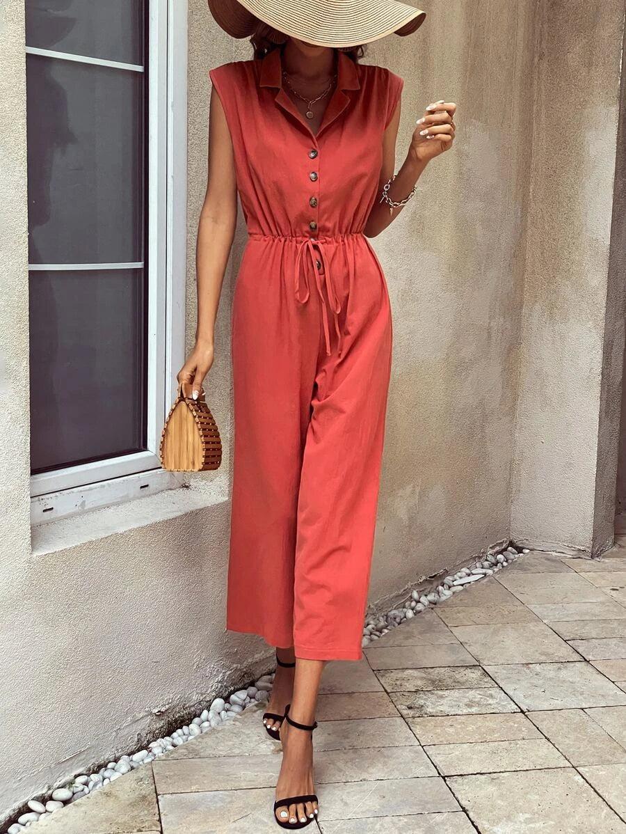 Drawstring Waist Button Front Wide Leg Shirt Jumpsuit-Comfy Jumpsuits