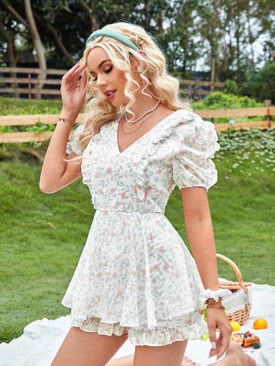 Floral Print Ruffle Trim Tie Back Puff Sleeve Romper-Comfy Jumpsuits