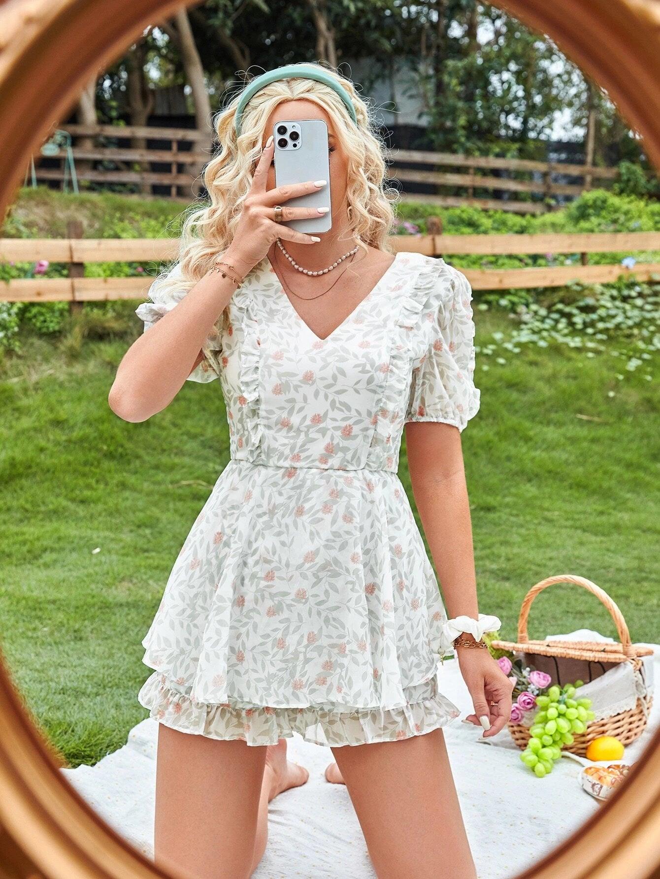 Floral Puff Sleeve Romper-Comfy Jumpsuits