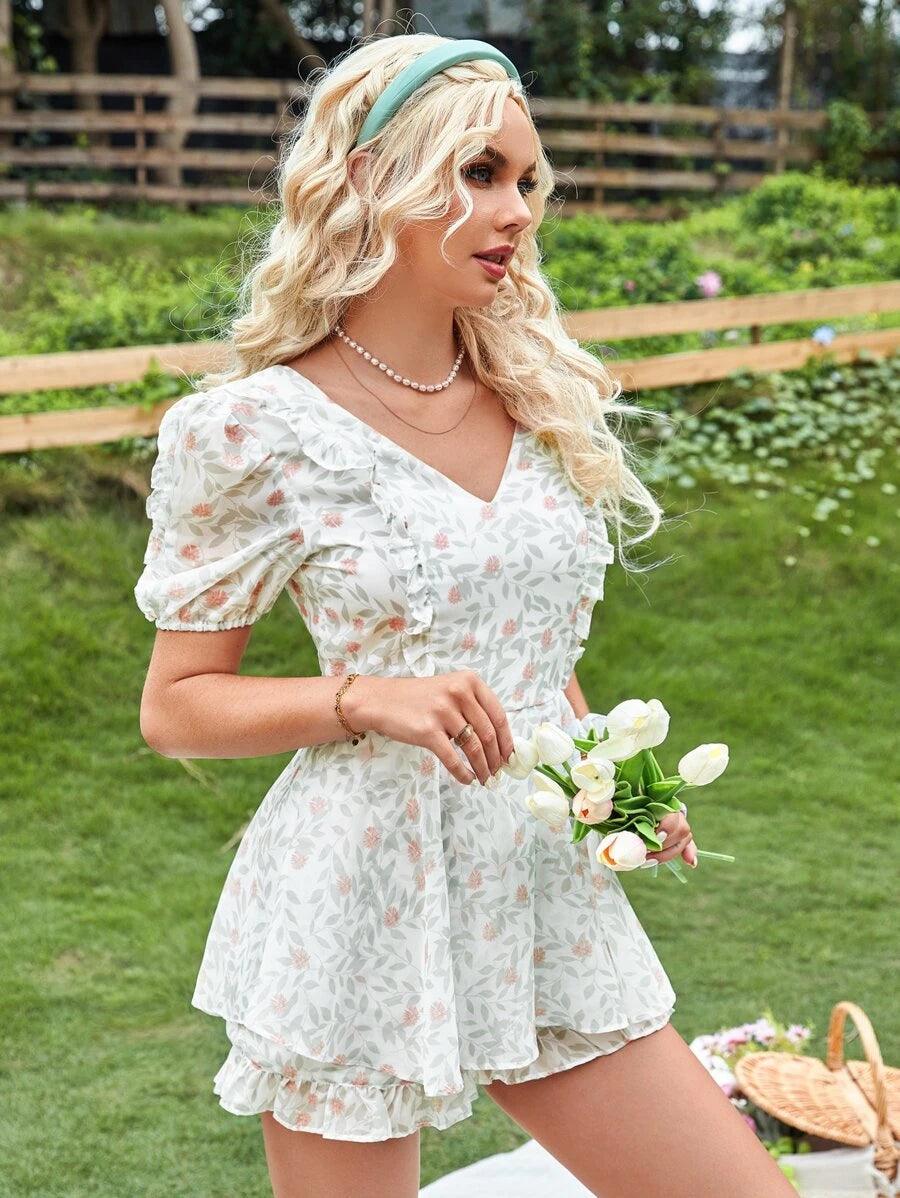 Floral Print Ruffle Trim Tie Back Puff Sleeve Romper-Comfy Jumpsuits