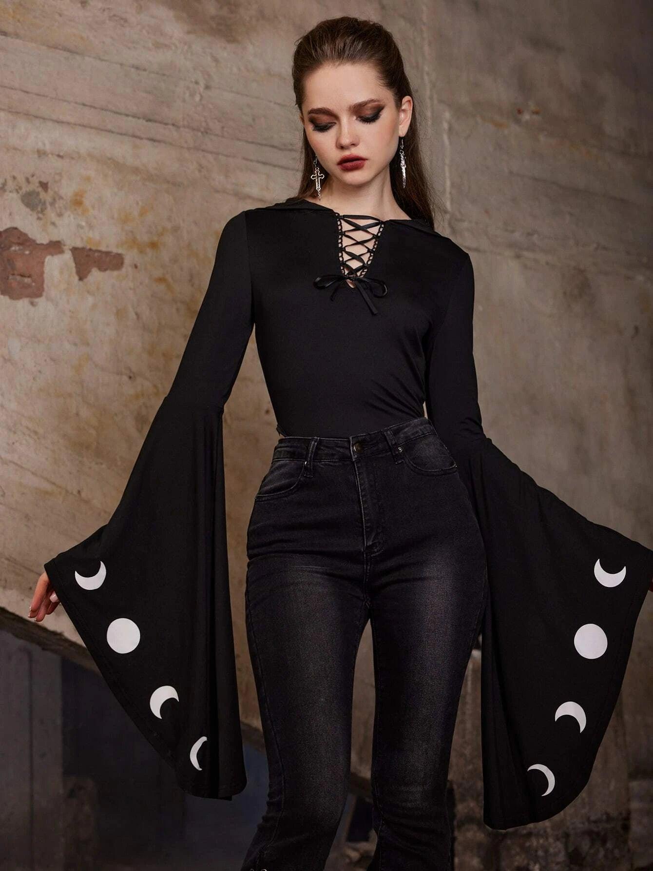 Moon Print Lace Up Front Flounce Sleeve Bodysuit-Comfy Jumpsuits