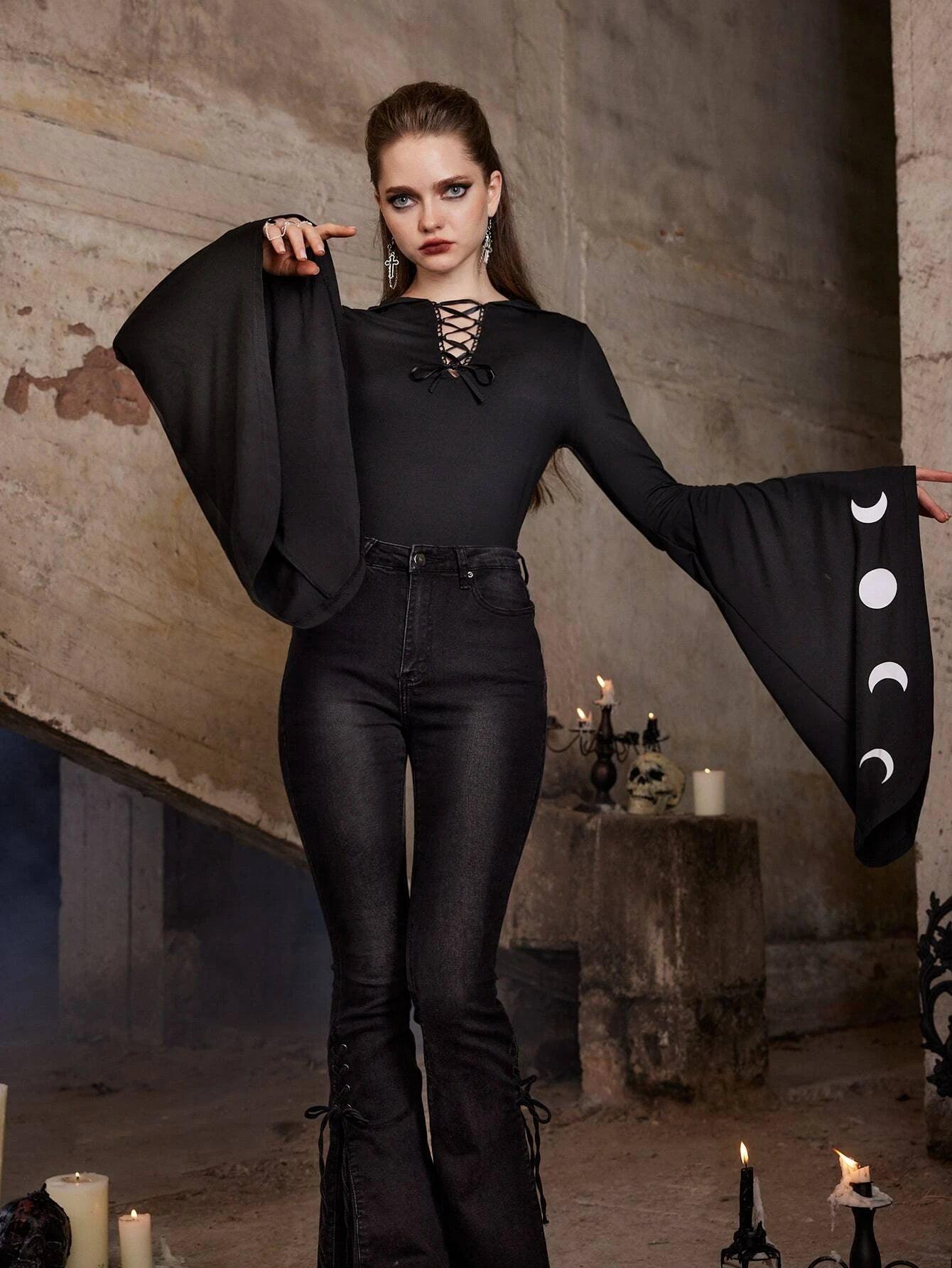 Moon Print Lace Up Front Flounce Sleeve Bodysuit-Comfy Jumpsuits