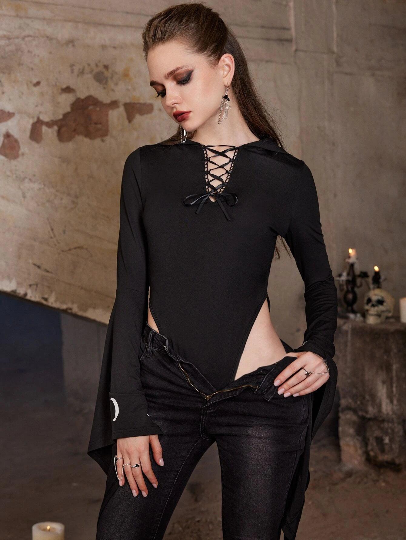 Moon Print Lace Up Front Flounce Sleeve Bodysuit-Comfy Jumpsuits