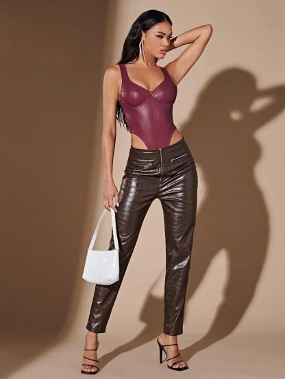 Sleeveless Leather Bodysuit-Comfy Jumpsuits