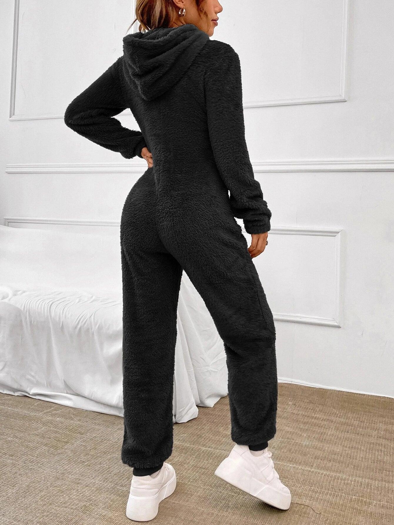 Zip Up Hooded Teddy Jumpsuit-Comfy Jumpsuits