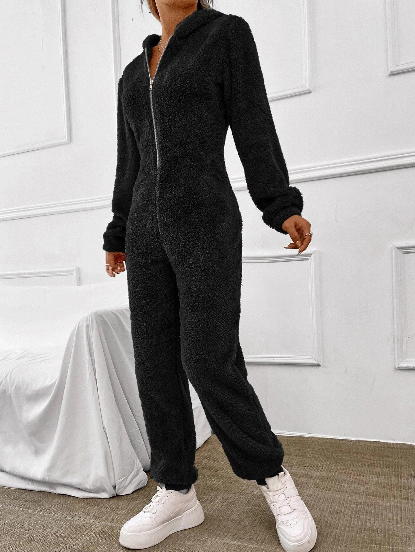 Zip Up Hooded Teddy Jumpsuit-Comfy Jumpsuits