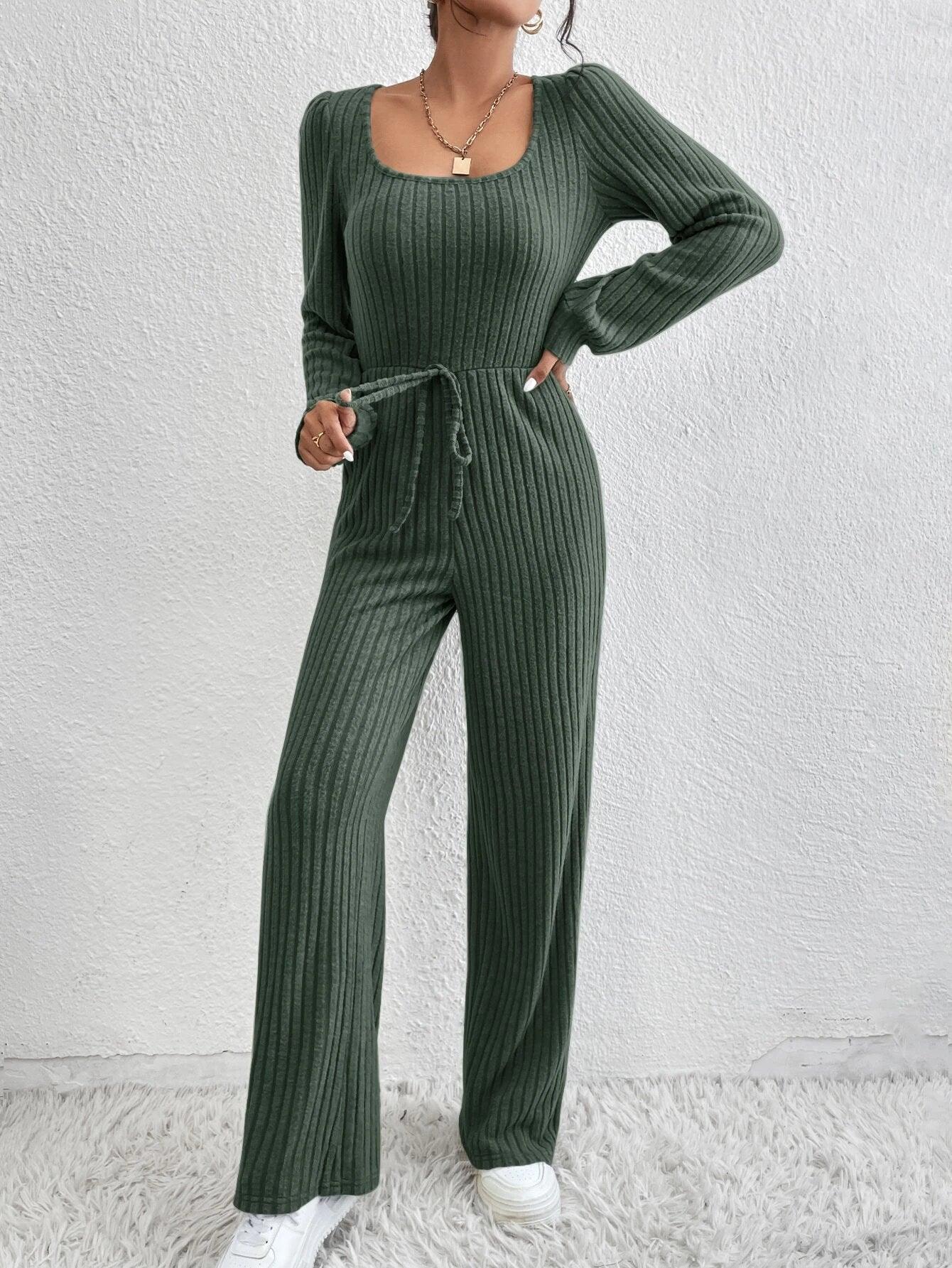 Scoop Neck Long Sleeve Jumpsuit-Comfy Jumpsuits
