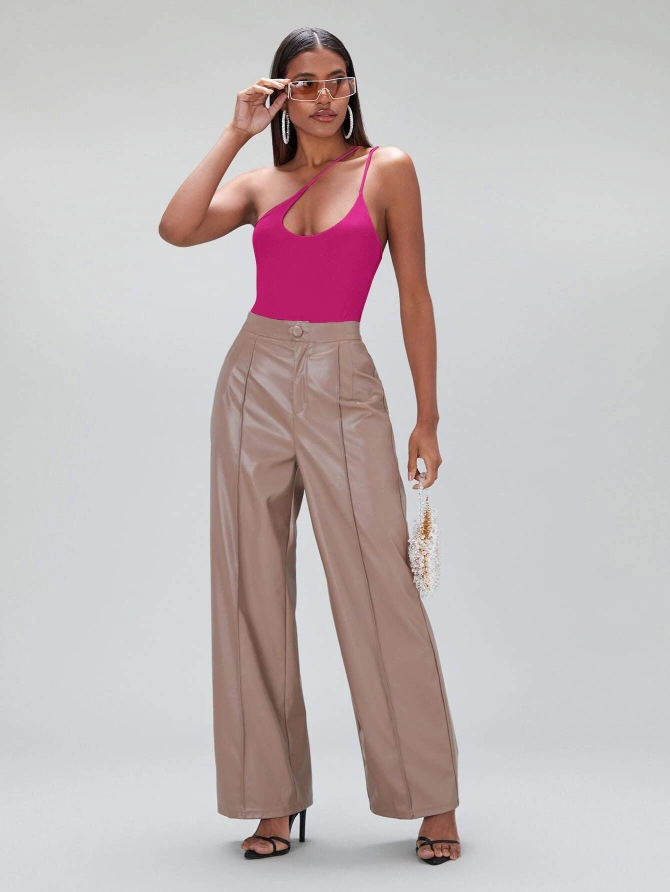 One Shoulder Solid Coloured Bodysuit-Comfy Jumpsuits