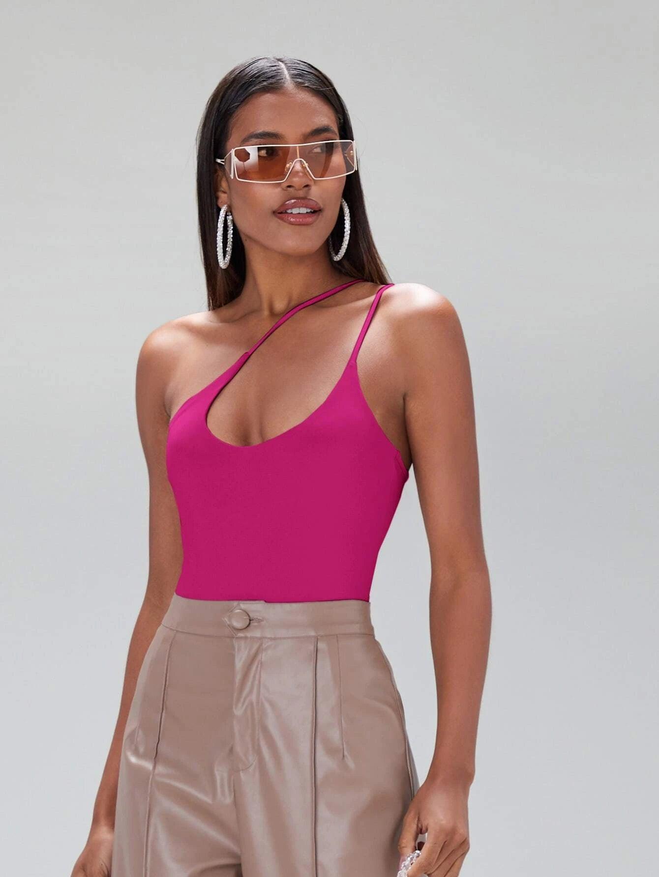 One Shoulder Solid Coloured Bodysuit-Comfy Jumpsuits