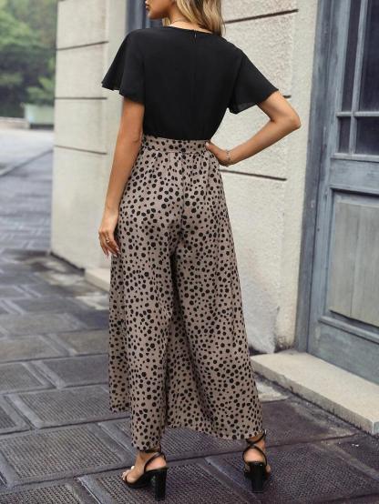 Dotted Print Flared Wide Leg Jumpsuit-Comfy Jumpsuits