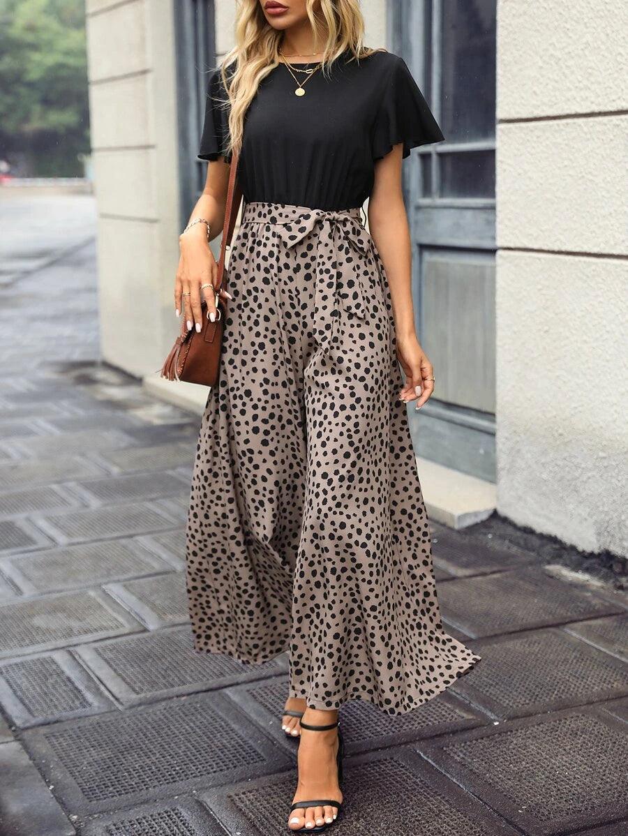 Dotted Print Flared Wide Leg Jumpsuit-Comfy Jumpsuits