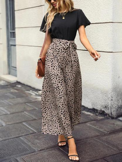 Dotted Print Flared Wide Leg Jumpsuit-Comfy Jumpsuits