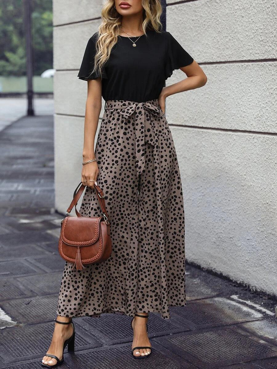 Dotted Print Flared Wide Leg Jumpsuit-Comfy Jumpsuits