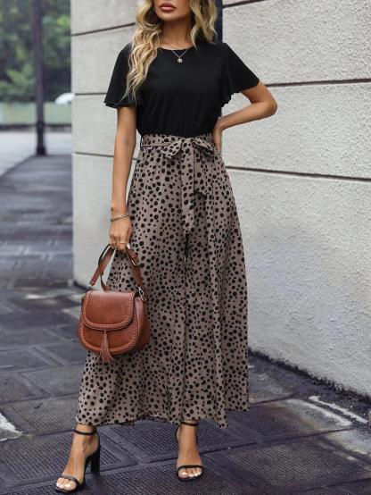 Dotted Print Flared Wide Leg Jumpsuit-Comfy Jumpsuits