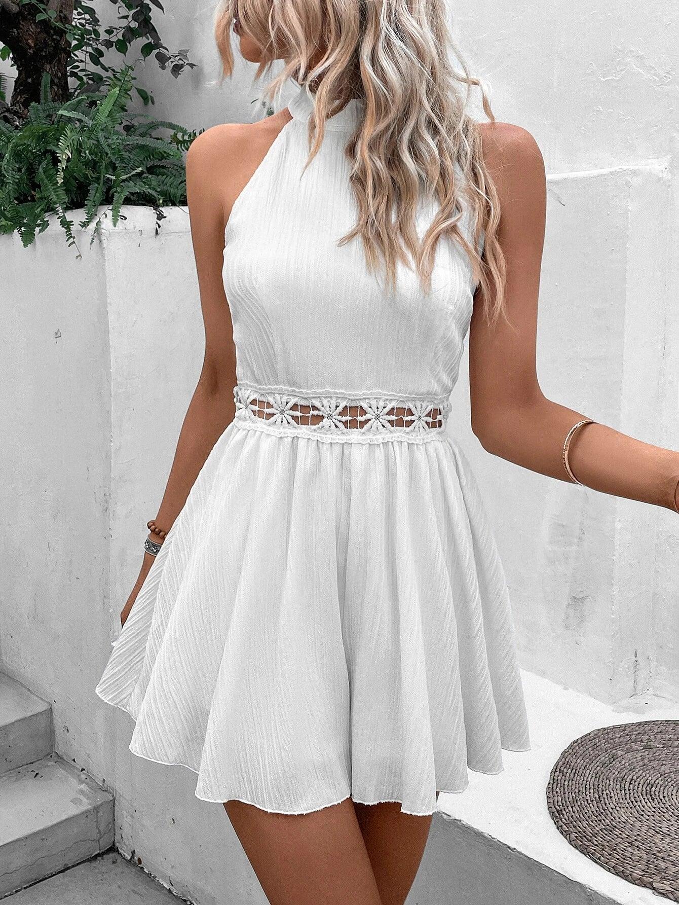 Lace Insert Halter Neck Pleated Hem Romper-Comfy Jumpsuits