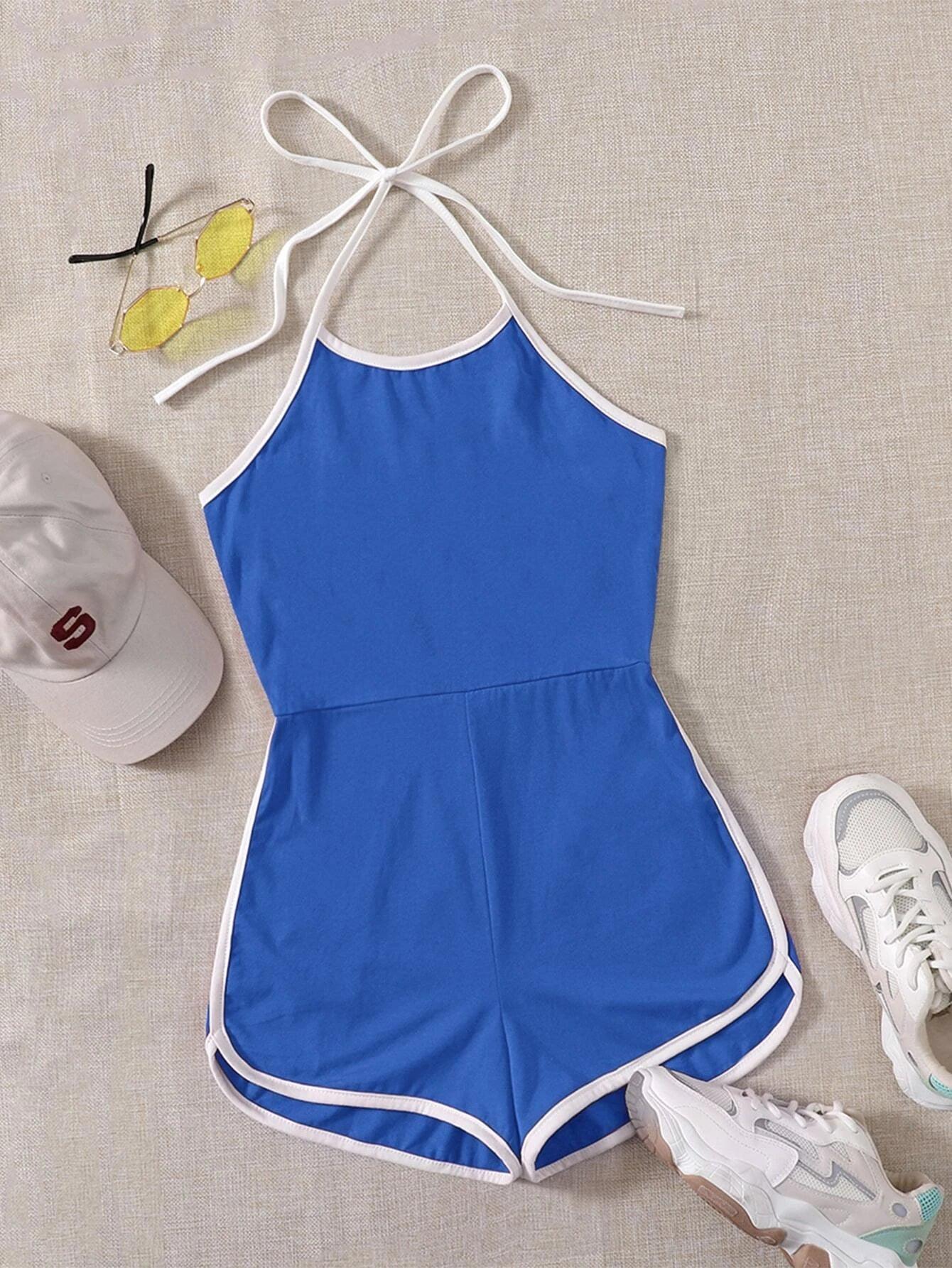 Contrast Binding Halter Romper-Comfy Jumpsuits