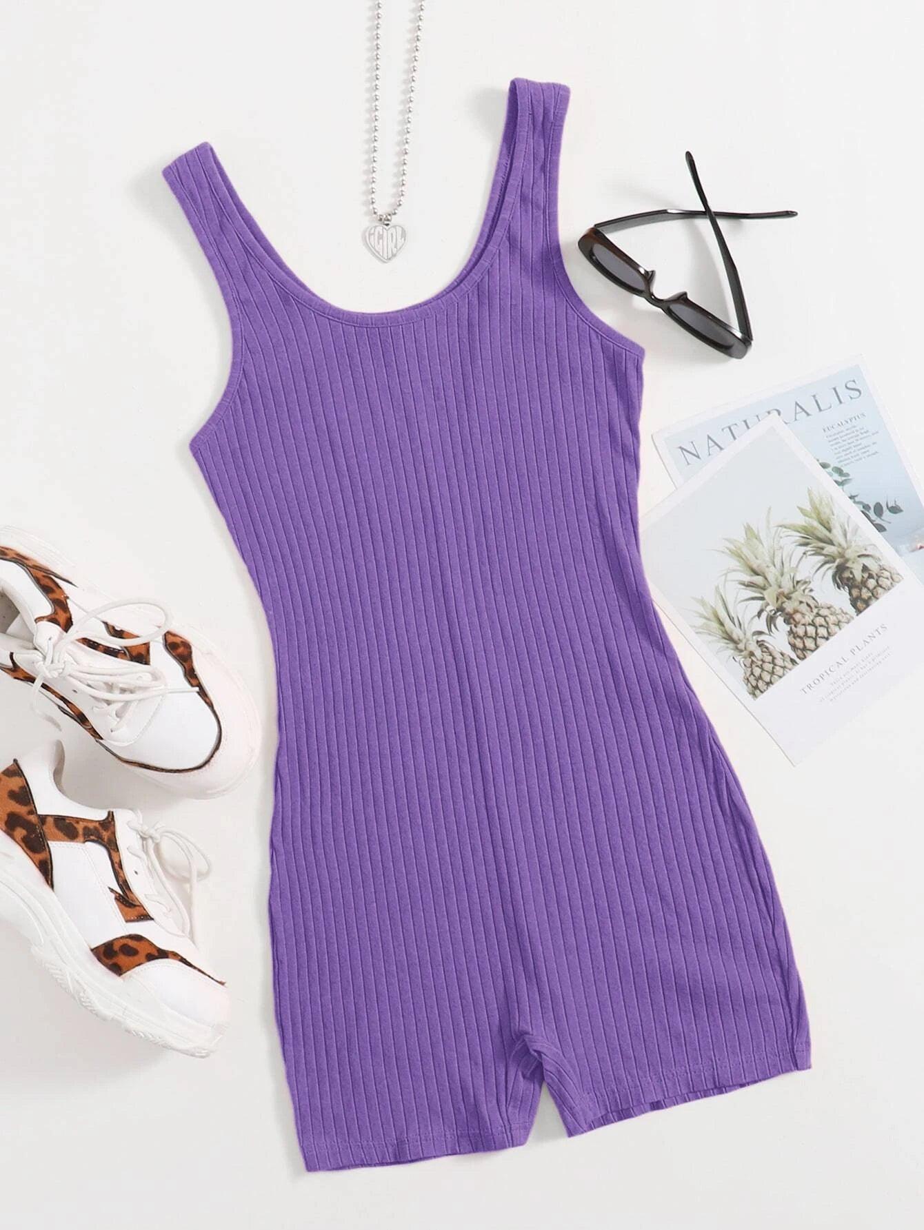 Scoop Neck Rib-knit Tank Unitard Romper-Comfy Jumpsuits