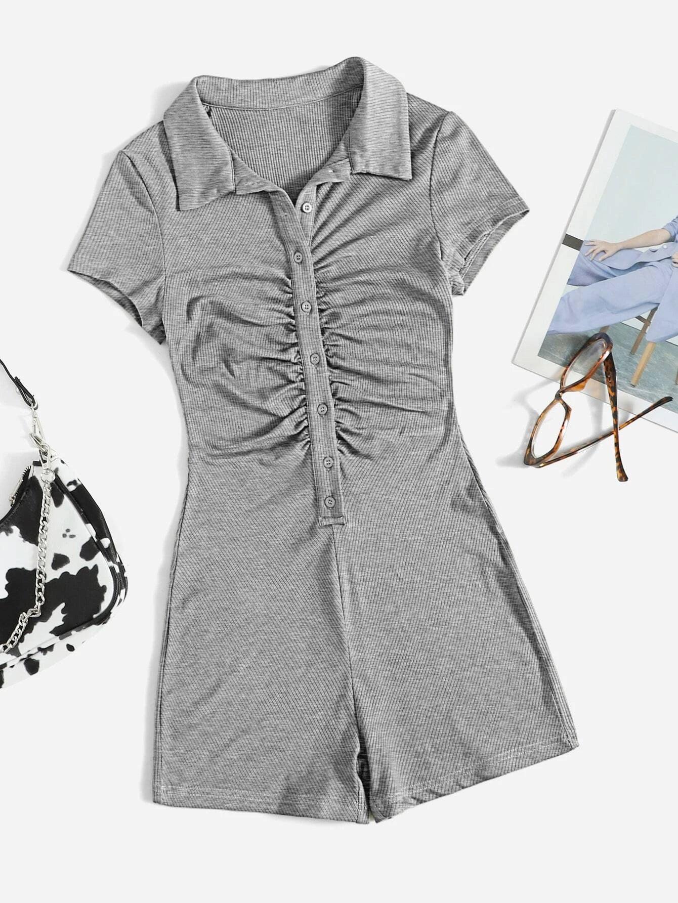 Button Placket Ruched Front Rib-knit Solid Romper-Comfy Jumpsuits