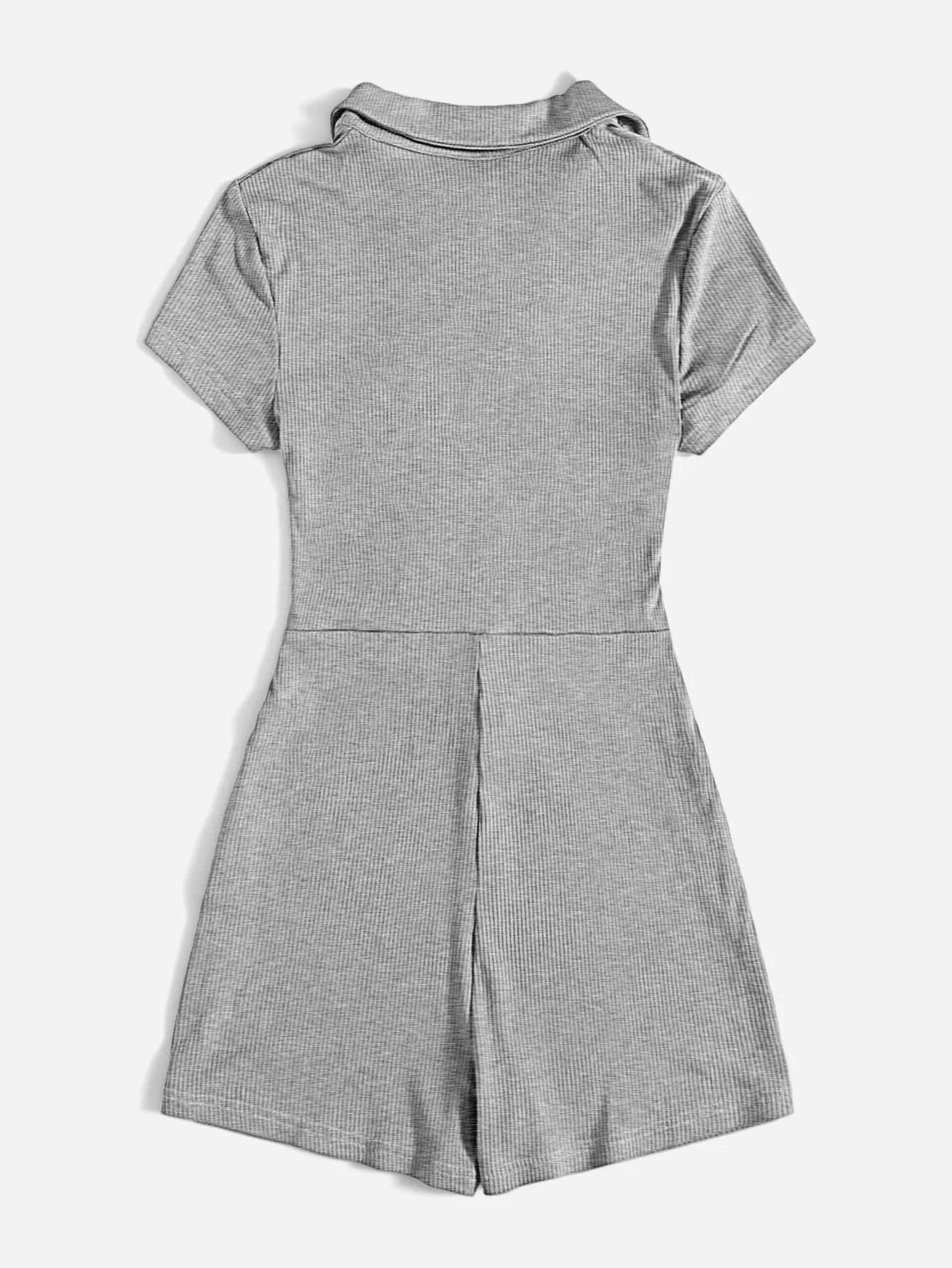 Button Placket Ruched Front Rib-knit Solid Romper-Comfy Jumpsuits