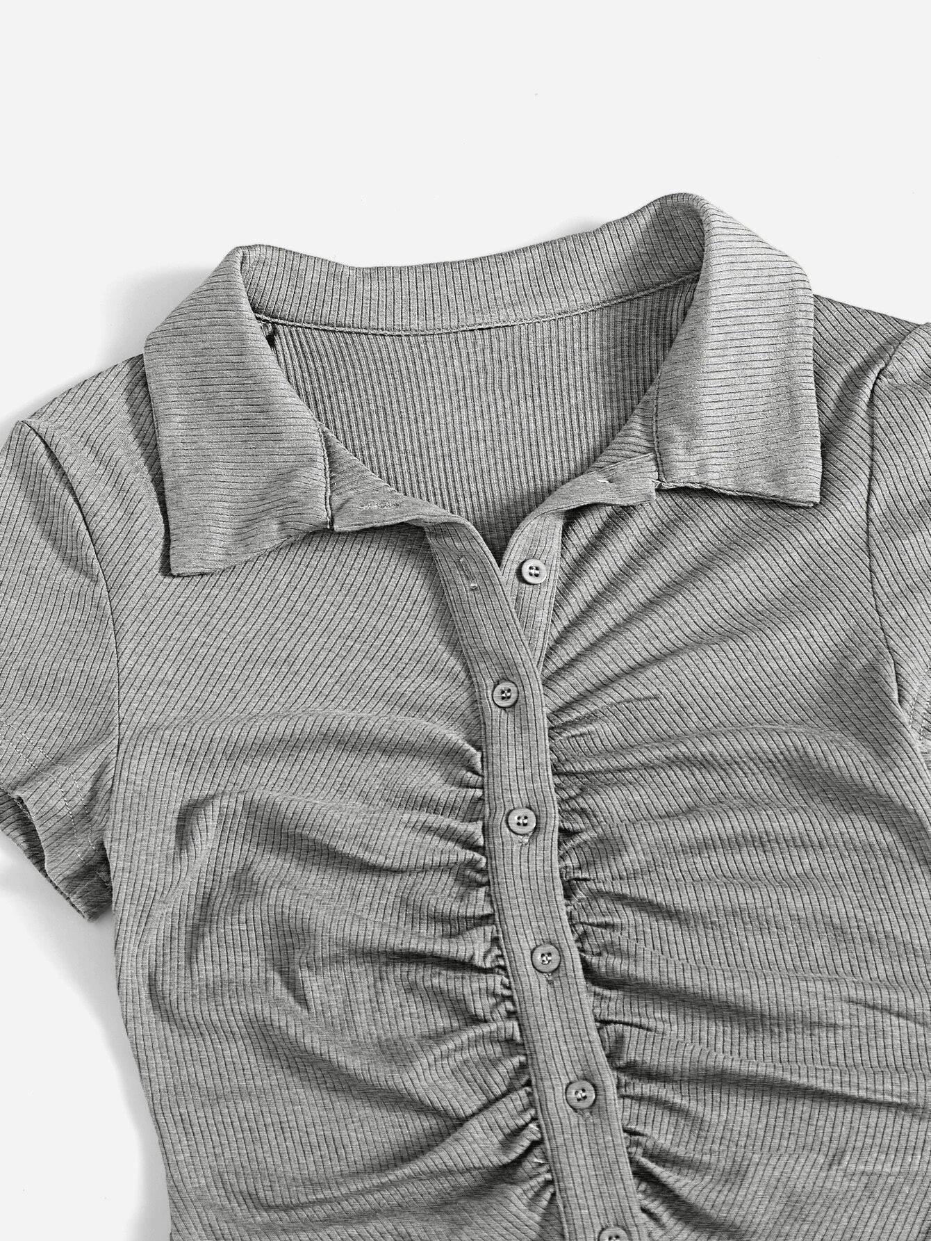 Button Placket Ruched Front Rib-knit Solid Romper-Comfy Jumpsuits