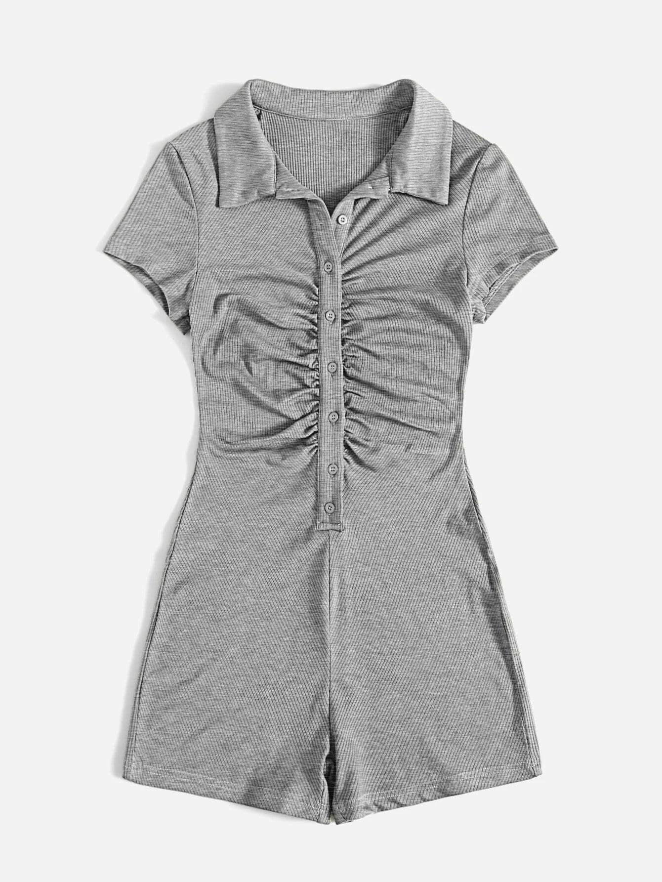 Button Placket Ruched Front Rib-knit Solid Romper-Comfy Jumpsuits