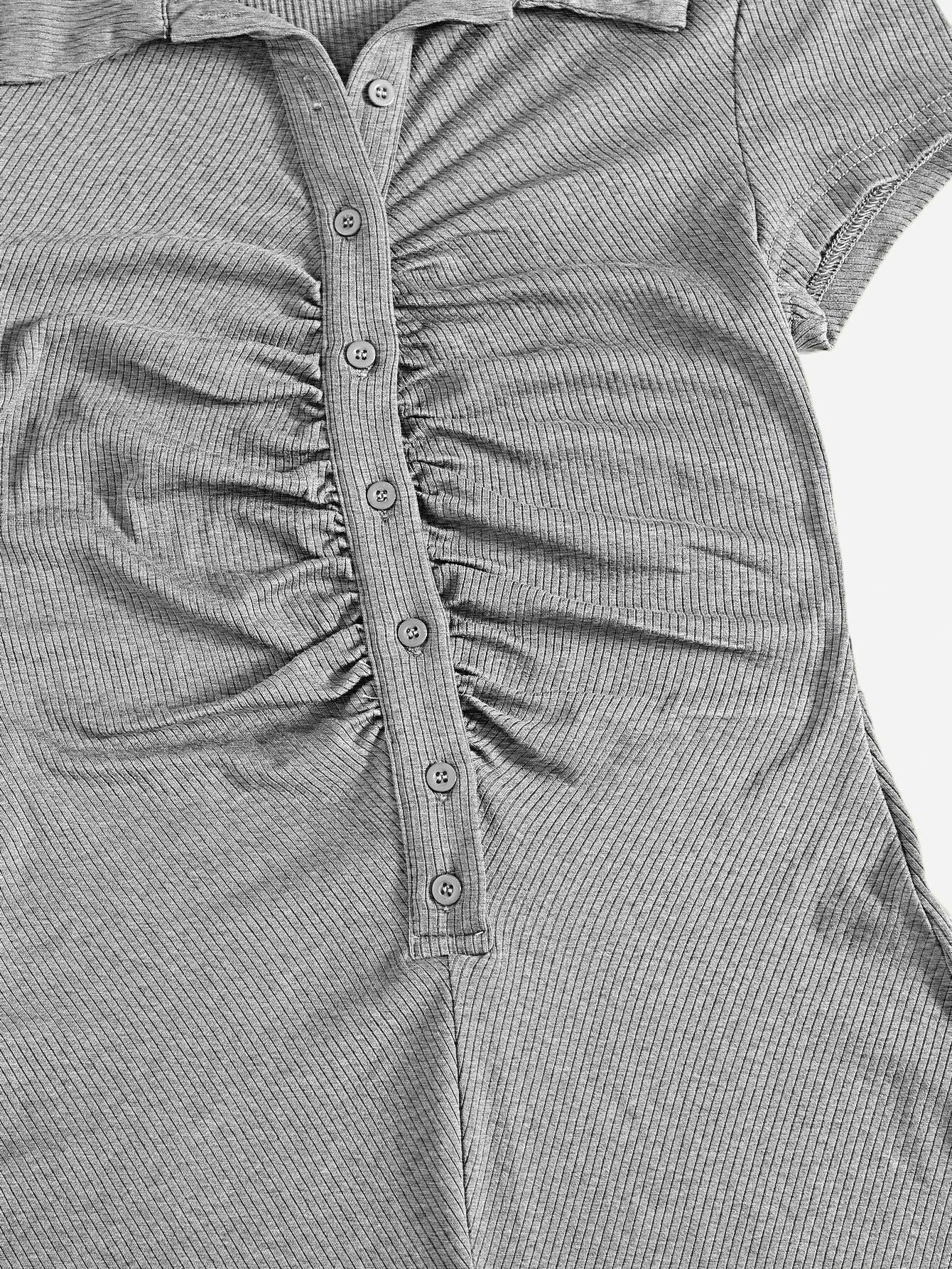 Button Placket Ruched Front Rib-knit Solid Romper-Comfy Jumpsuits