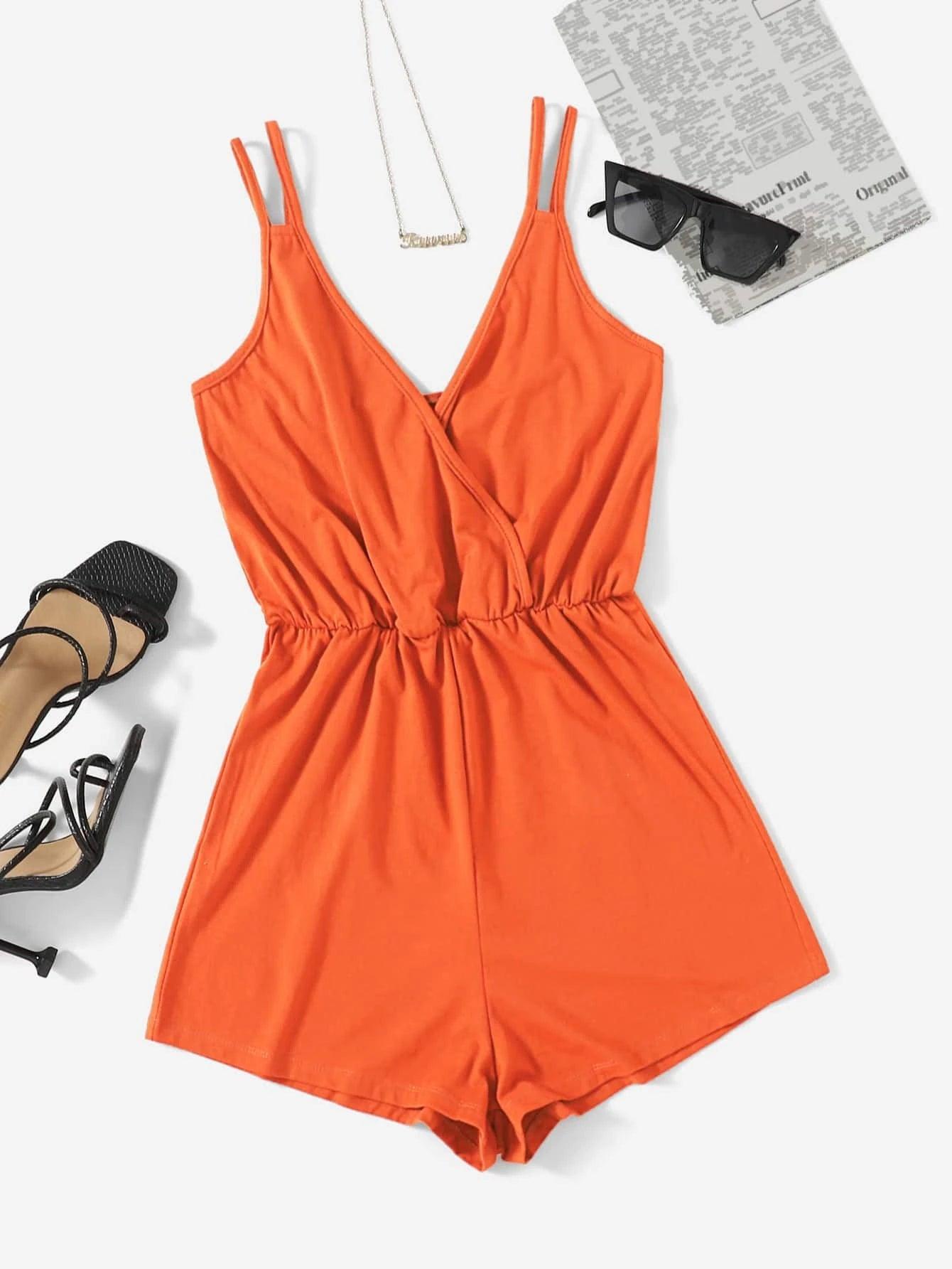 Surplice Neck Solid Colored Cami Romper-Comfy Jumpsuits