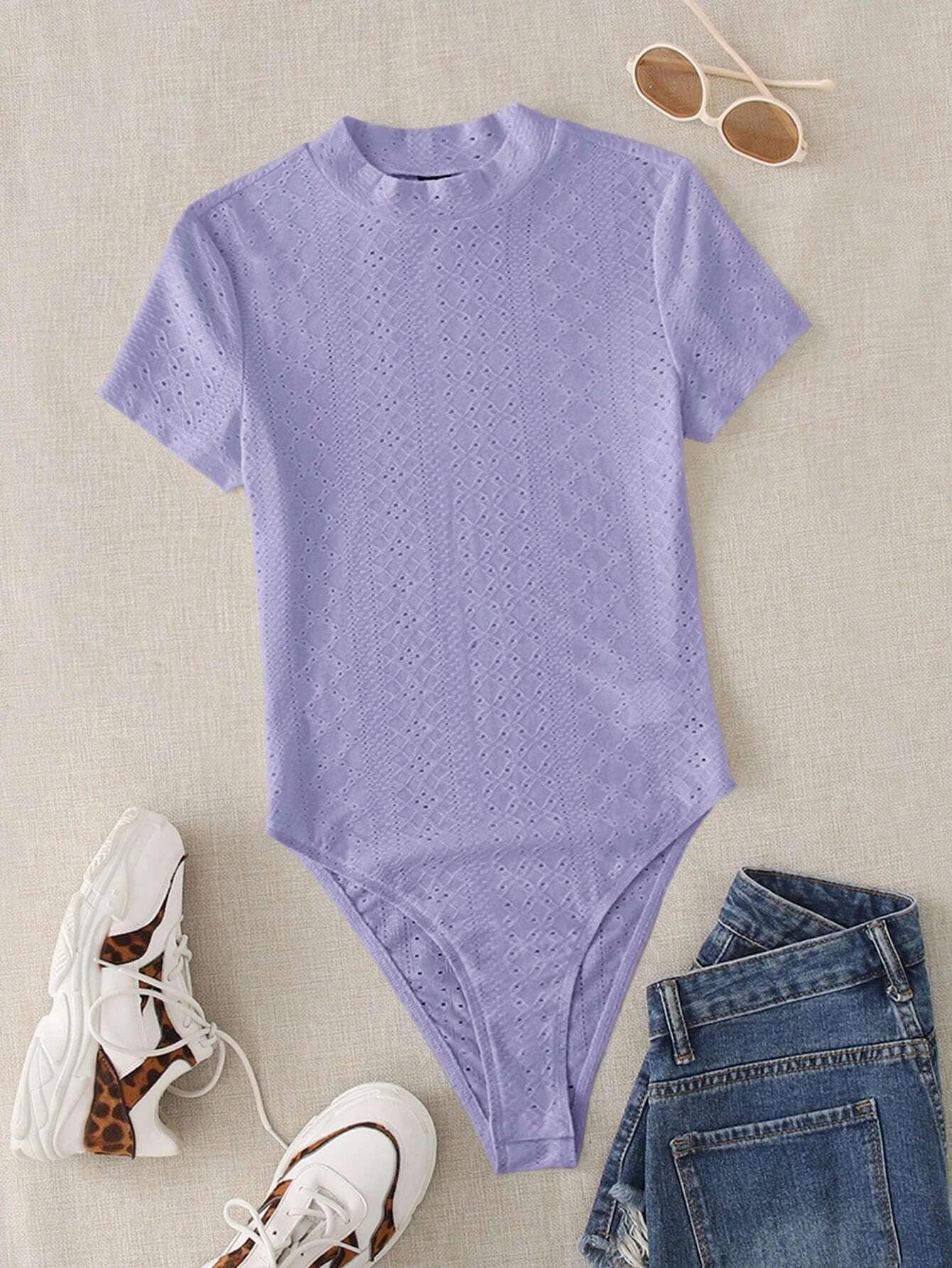 Mock Neck Eyelet Embroidery Bodysuit-Comfy Jumpsuits