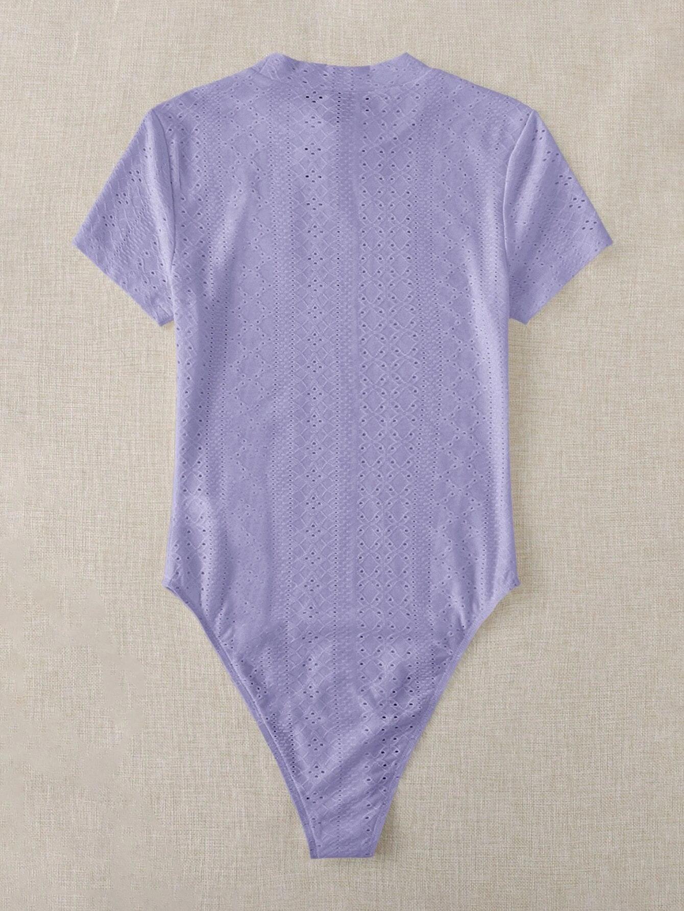 Mock Neck Eyelet Embroidery Bodysuit-Comfy Jumpsuits