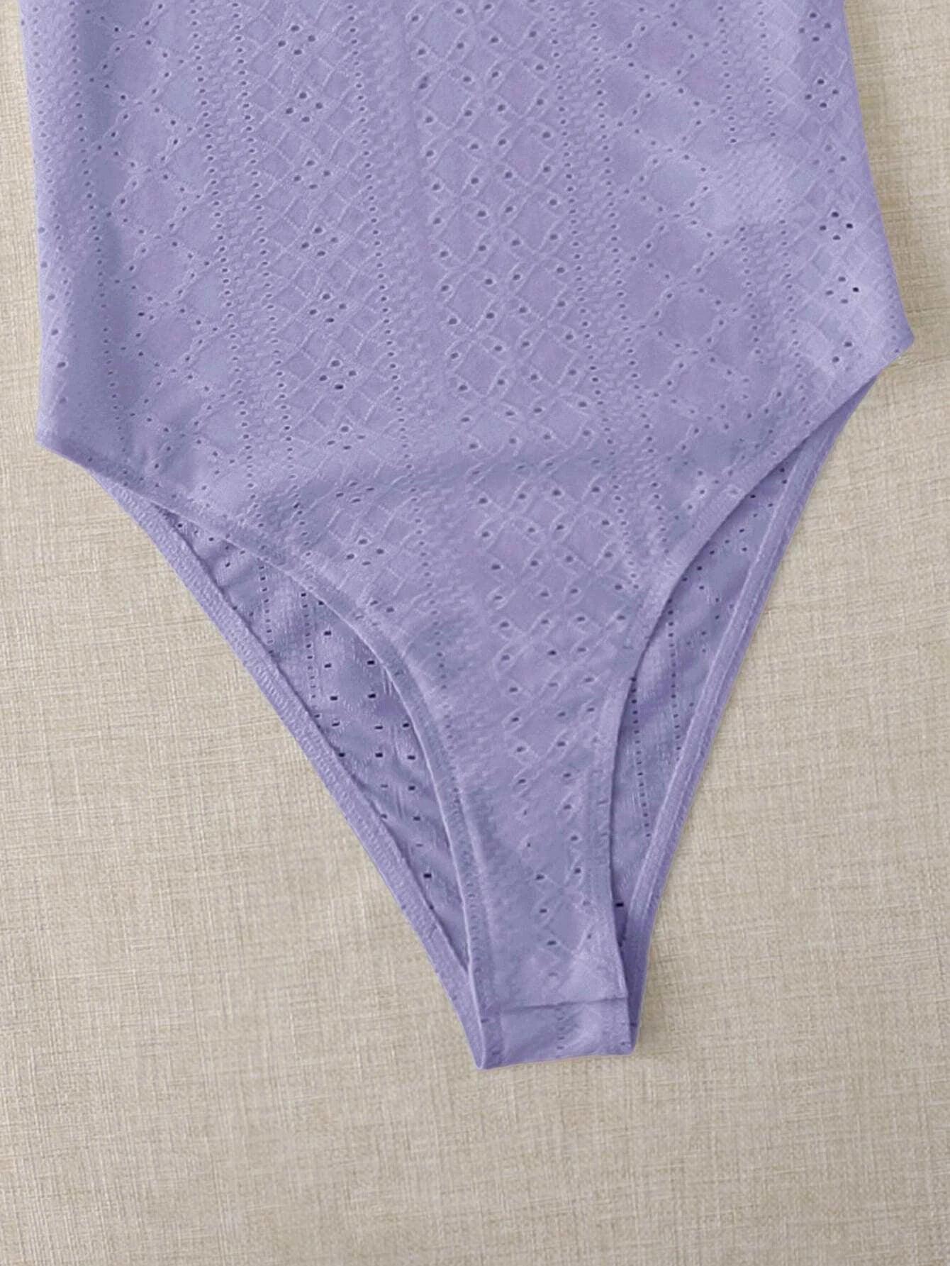 Mock Neck Eyelet Embroidery Bodysuit-Comfy Jumpsuits