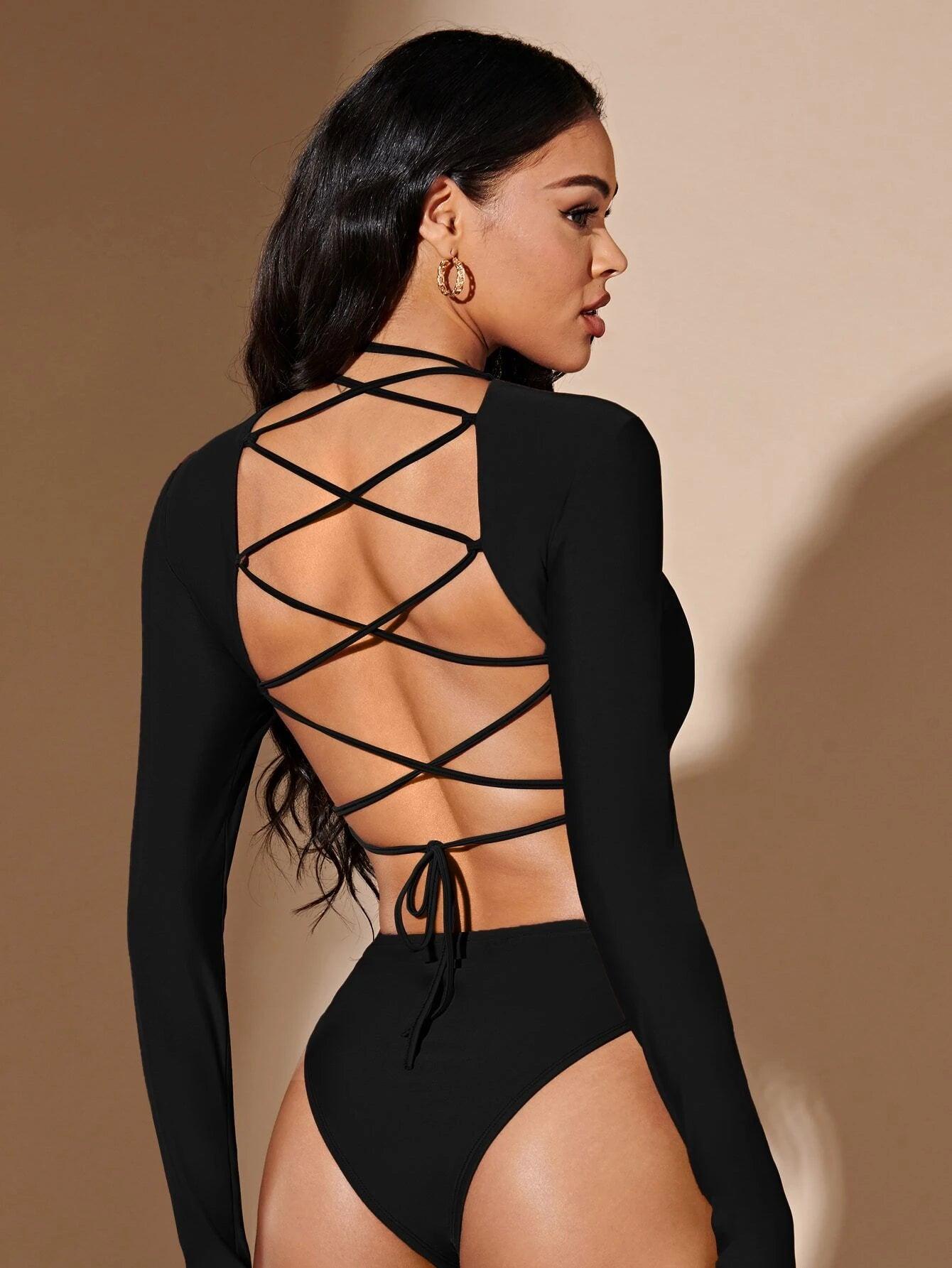 Lace Up Backless Long Sleeve Bodysuit-Comfy Jumpsuits