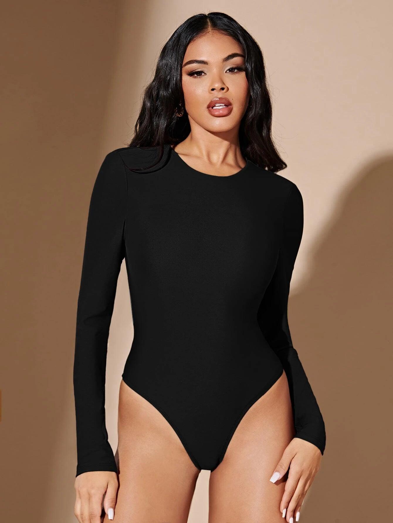 Lace Up Backless Long Sleeve Bodysuit-Comfy Jumpsuits