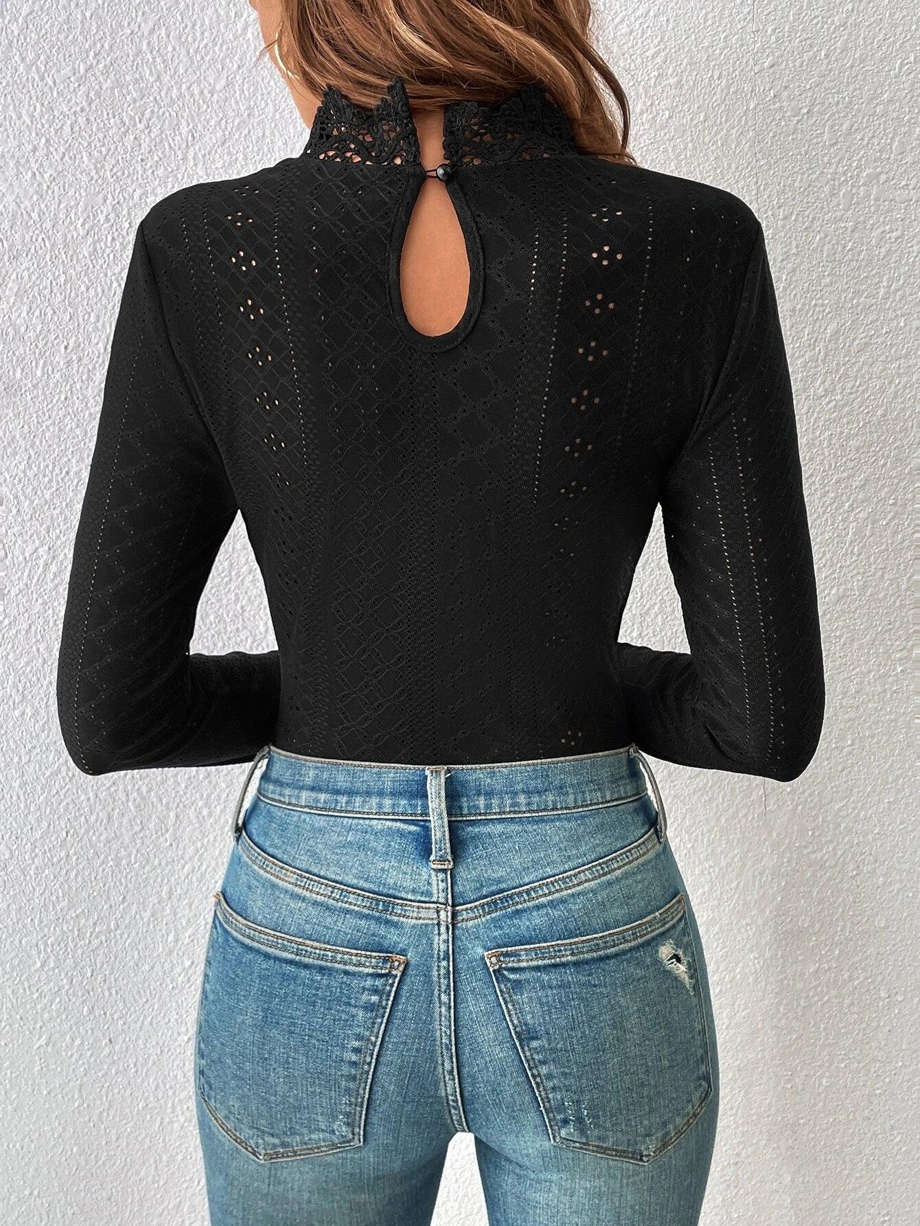 Lace Insert Mock Neck Eyelet Embroidery Bodysuit-Comfy Jumpsuits