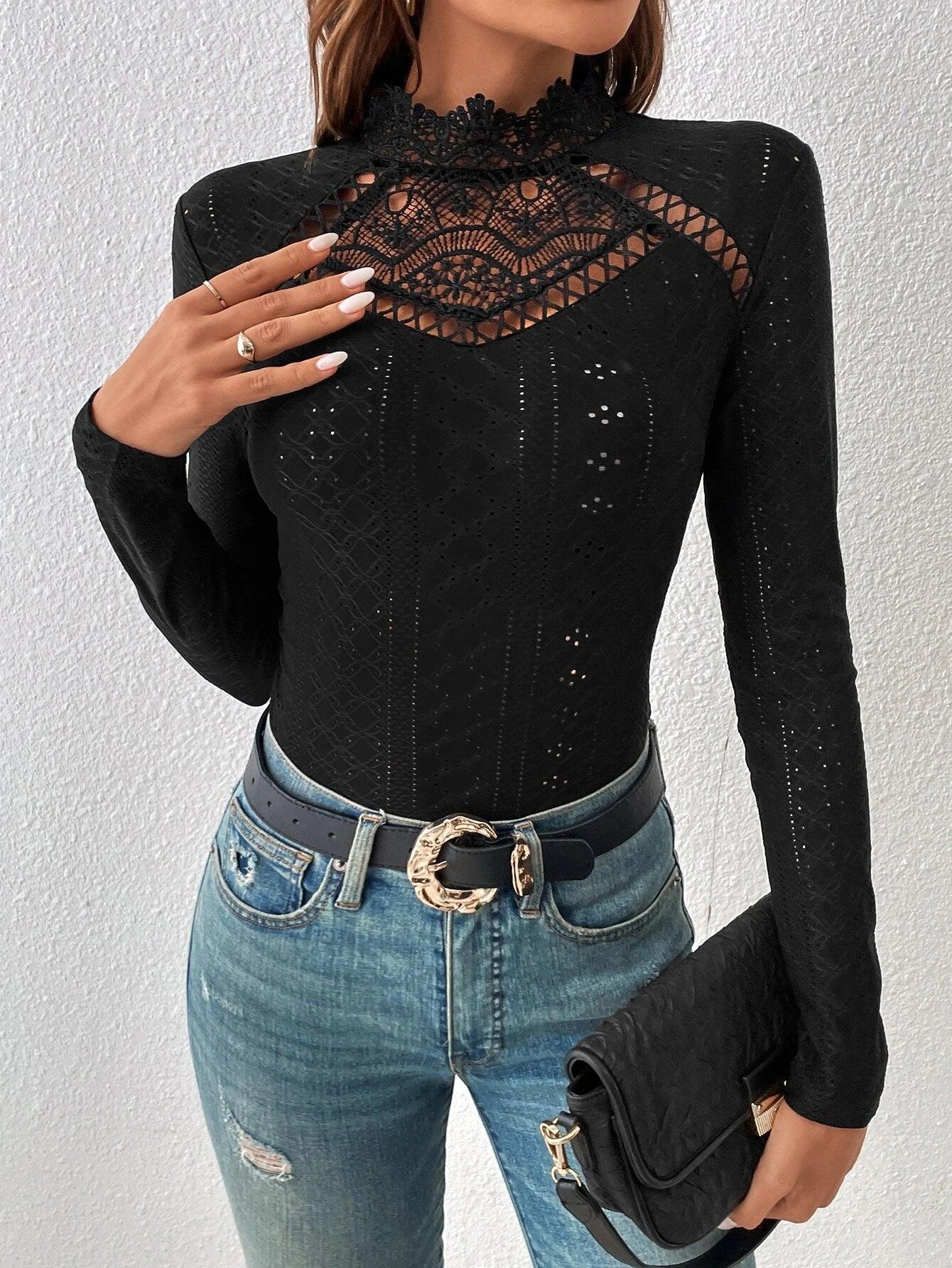 Lace Insert Mock Neck Eyelet Embroidery Bodysuit-Comfy Jumpsuits