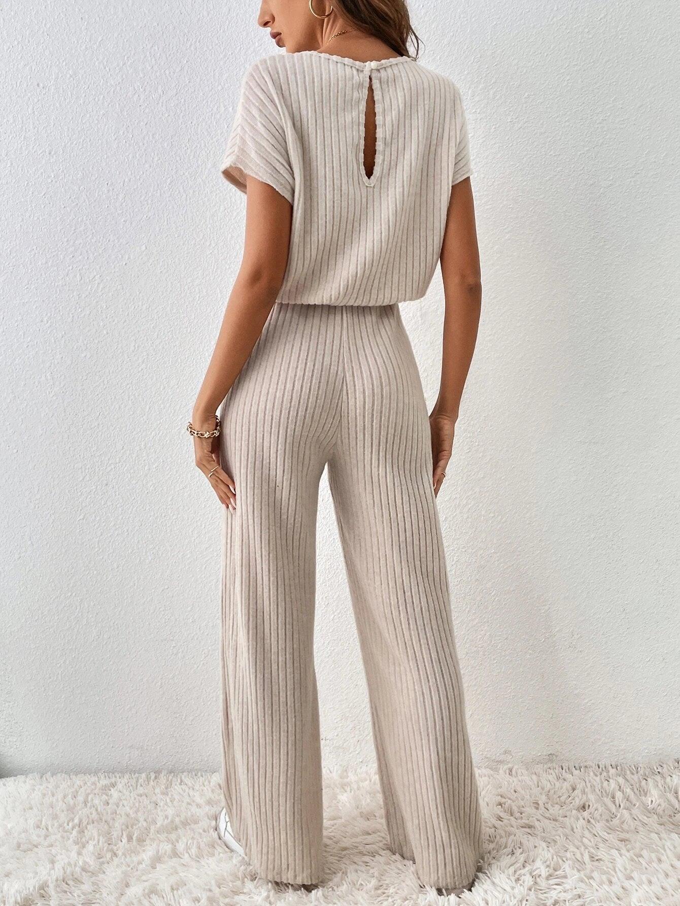 Ribbed Knit Back Jumpsuit-Comfy Jumpsuits