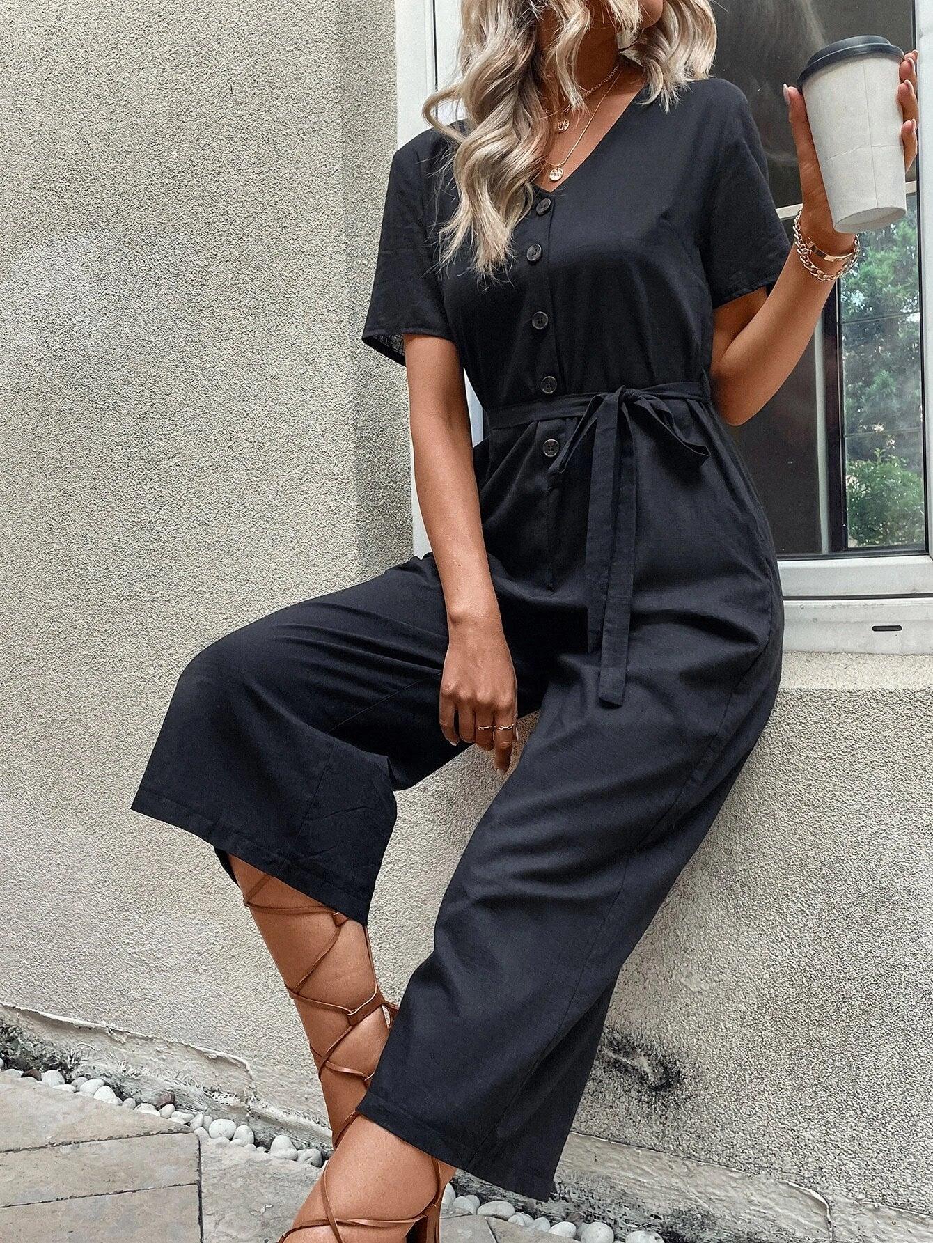 Short Sleeve Pocket Belted Jumpsuit-Comfy Jumpsuits