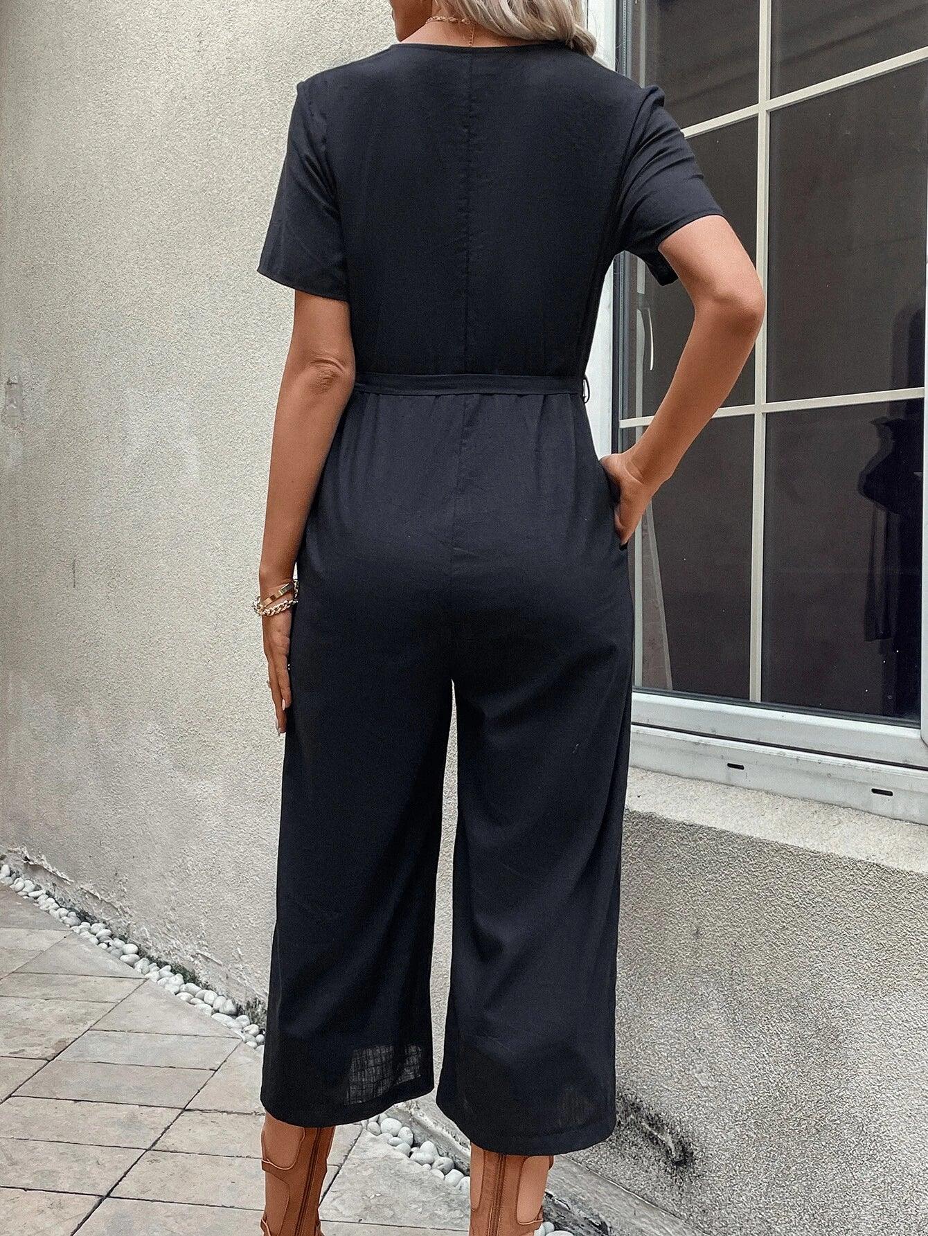 Short Sleeve Pocket Belted Jumpsuit-Comfy Jumpsuits