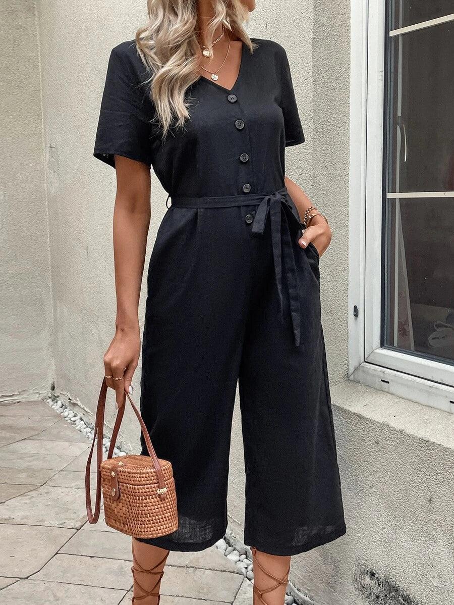 Button Front Belted Jumpsuit-Comfy Jumpsuits