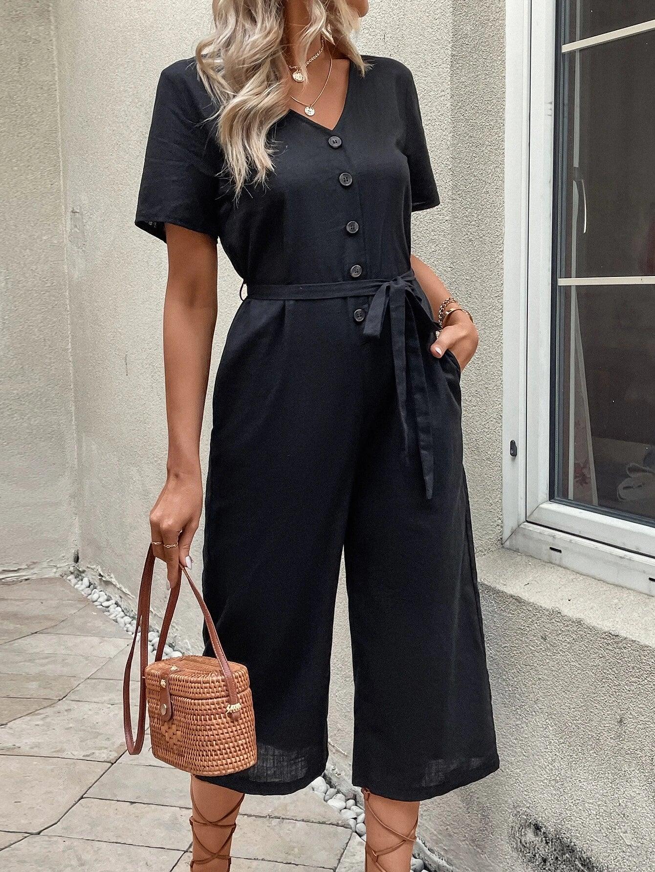 Short Sleeve Pocket Belted Jumpsuit-Comfy Jumpsuits