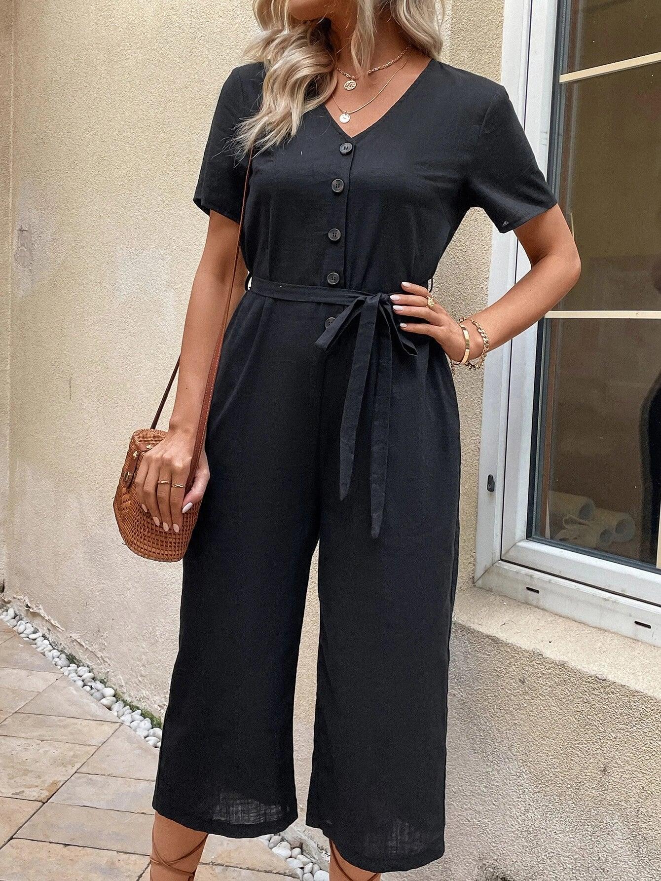 Short Sleeve Pocket Belted Jumpsuit-Comfy Jumpsuits