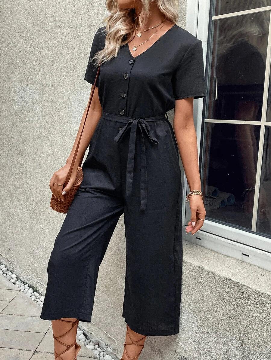 Button Front Belted Jumpsuit-Comfy Jumpsuits