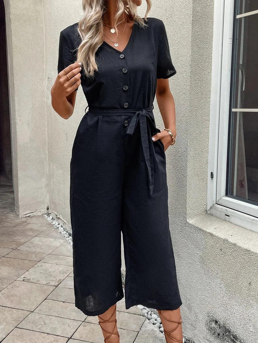 Button Front Belted Jumpsuit-Comfy Jumpsuits