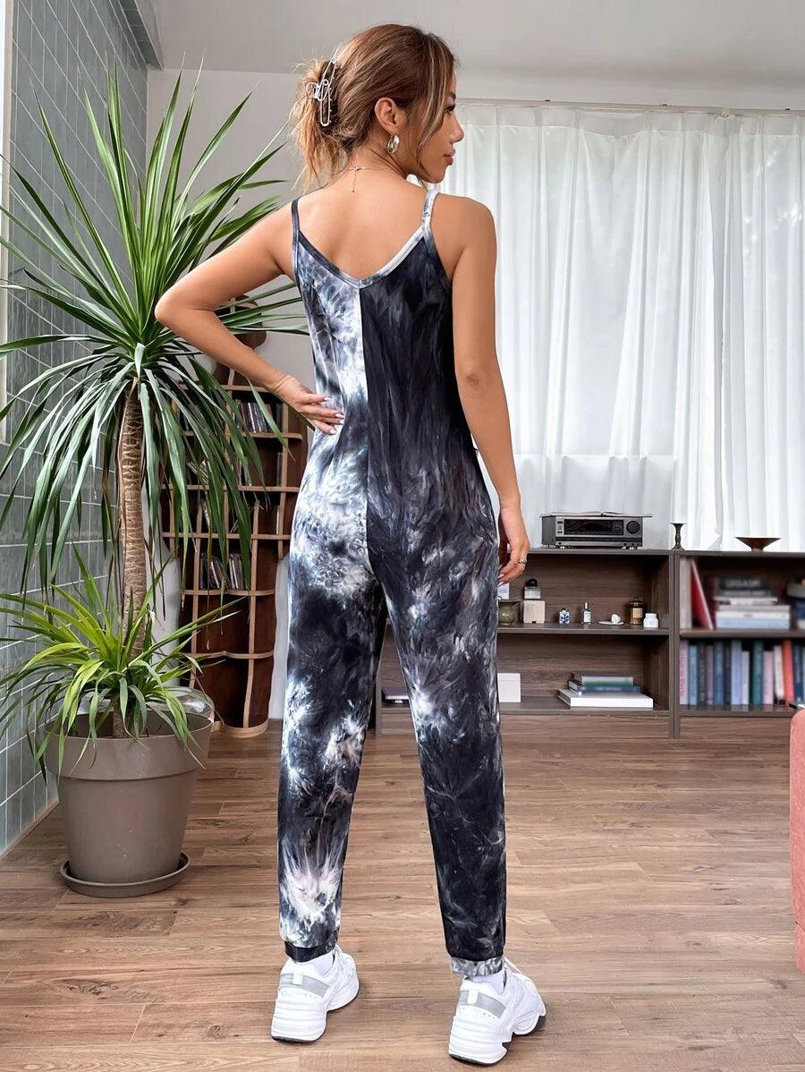 Tie Dye Slant Pocket Cami Jumpsuit-Comfy Jumpsuits