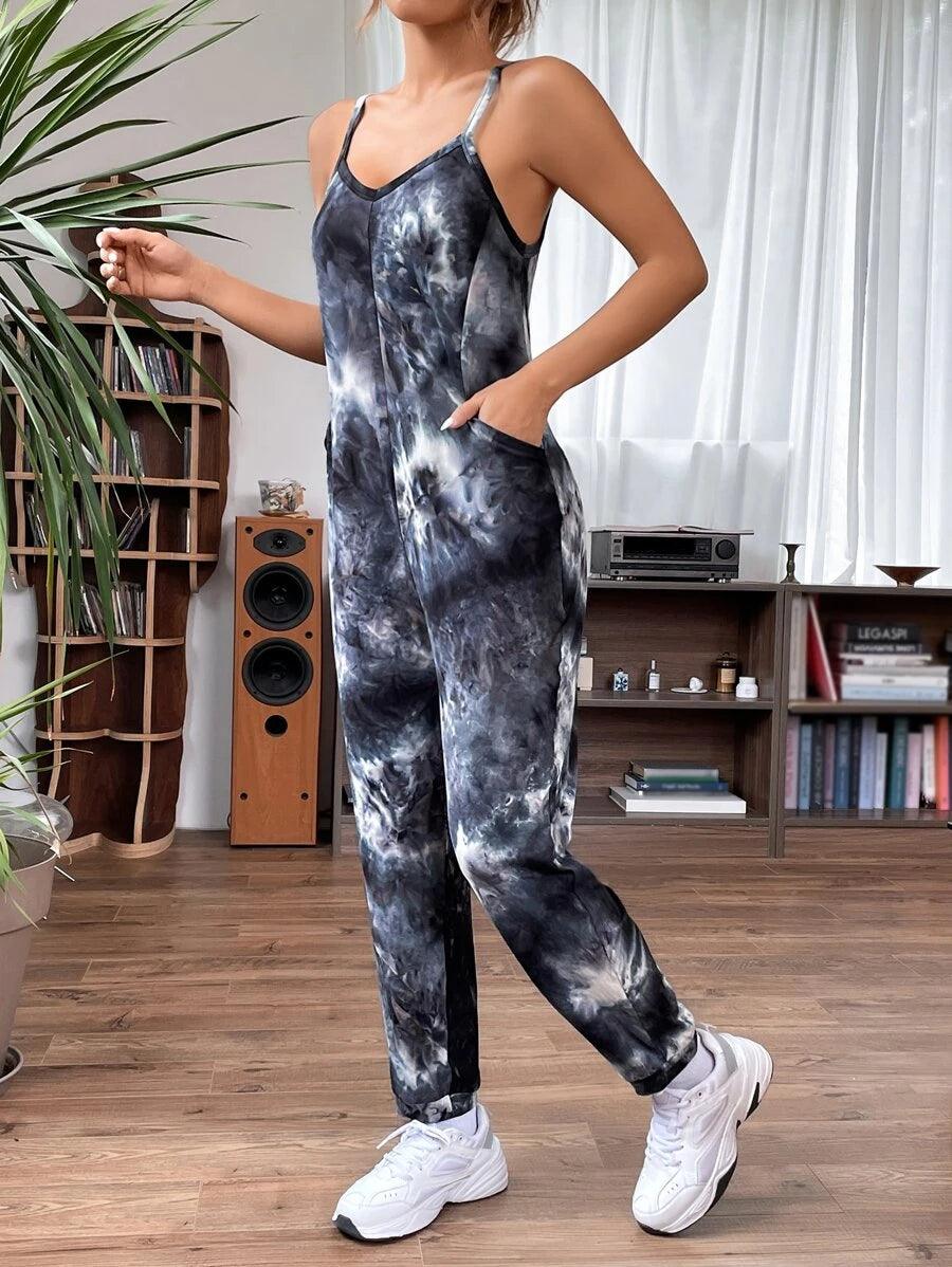 Tie Dye Slant Pocket Cami Jumpsuit-Comfy Jumpsuits