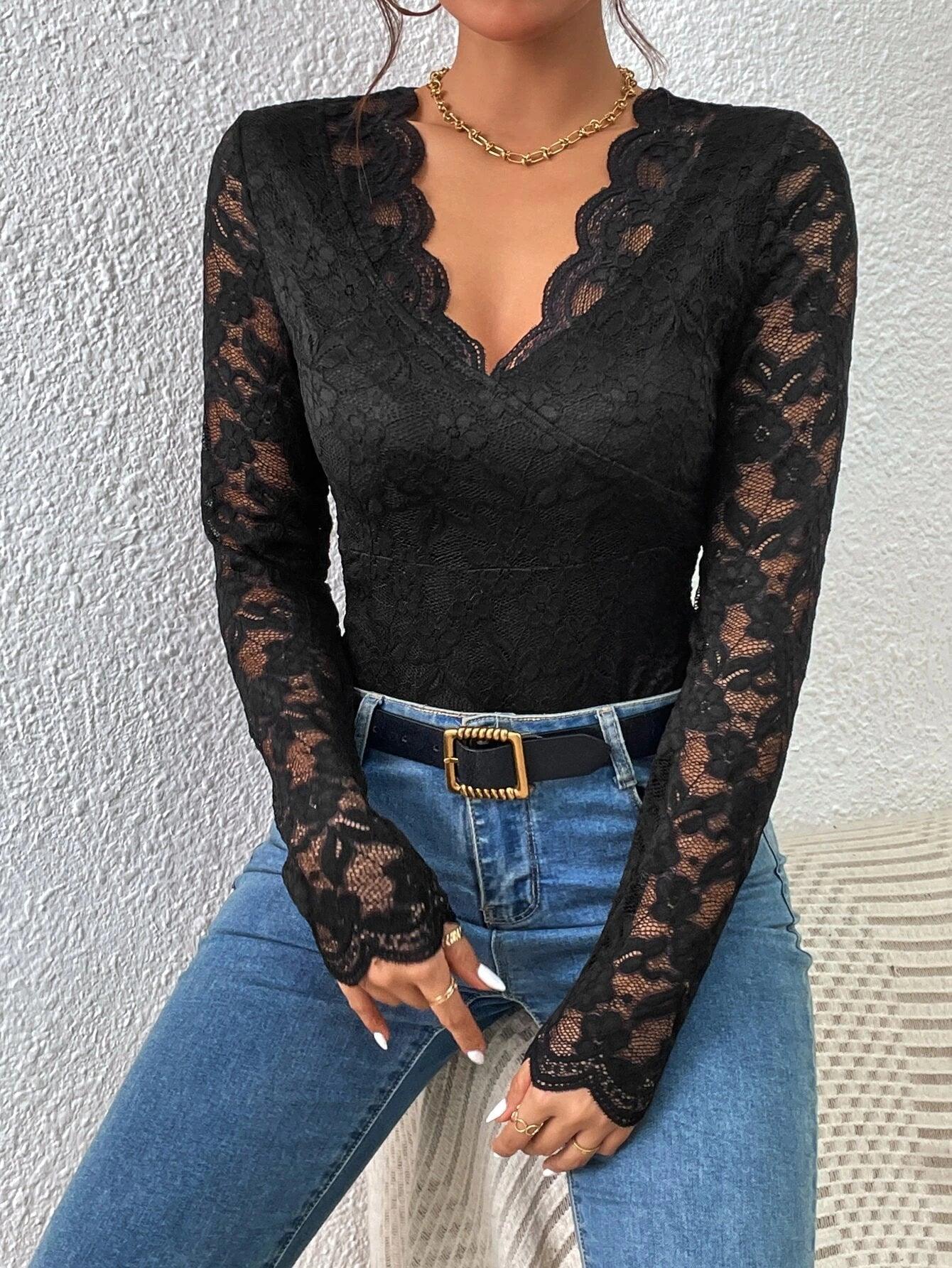 Lace Scallop Lace Bodysuit-Comfy Jumpsuits