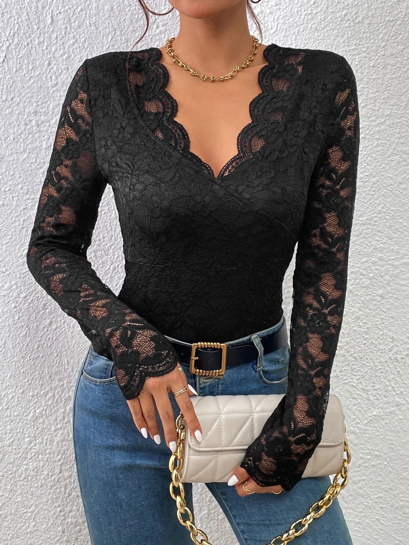Lace Scallop Lace Bodysuit-Comfy Jumpsuits