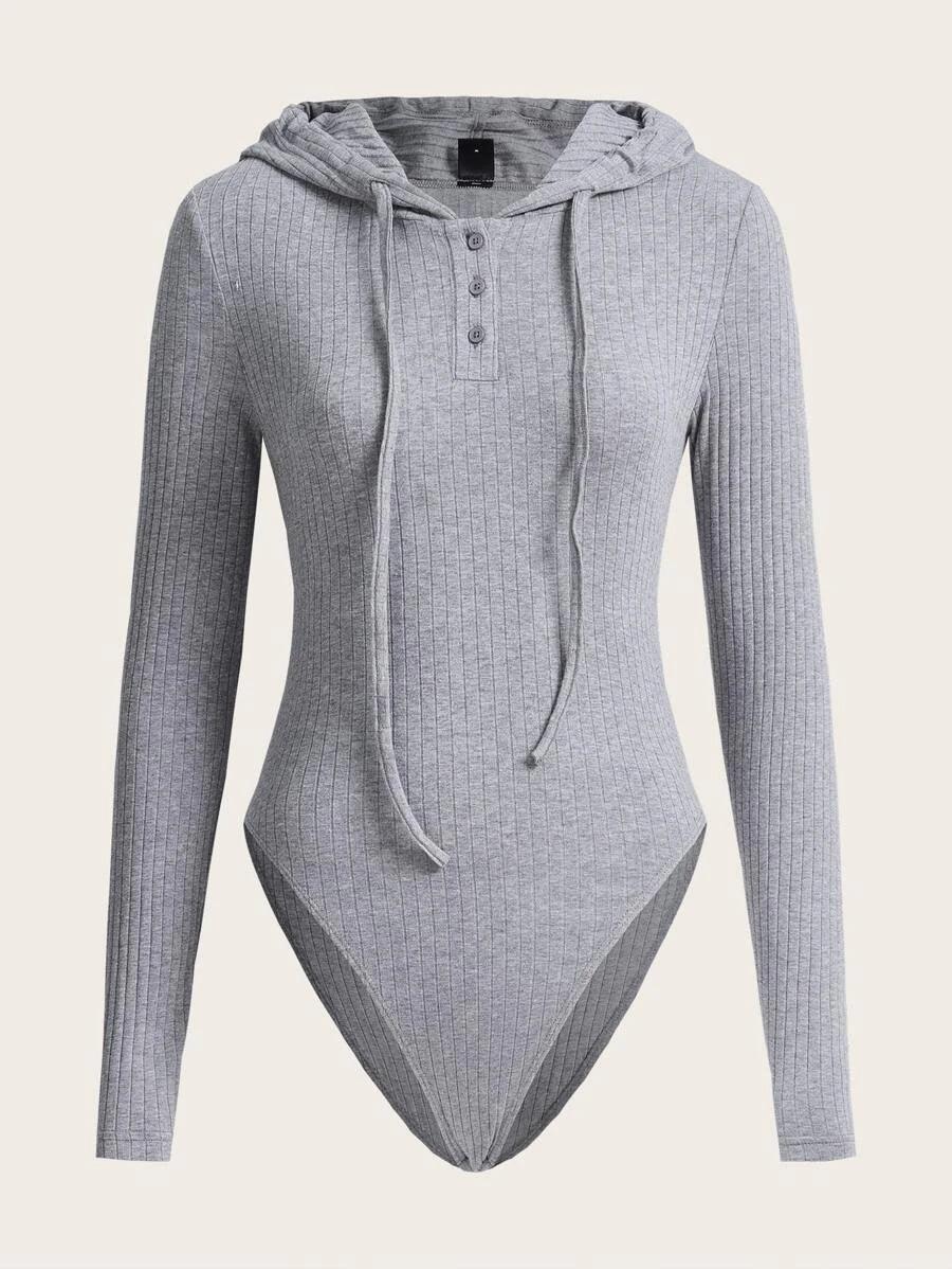 Ribbed Knit Drawstring Hooded Bodysuit-Comfy Jumpsuits