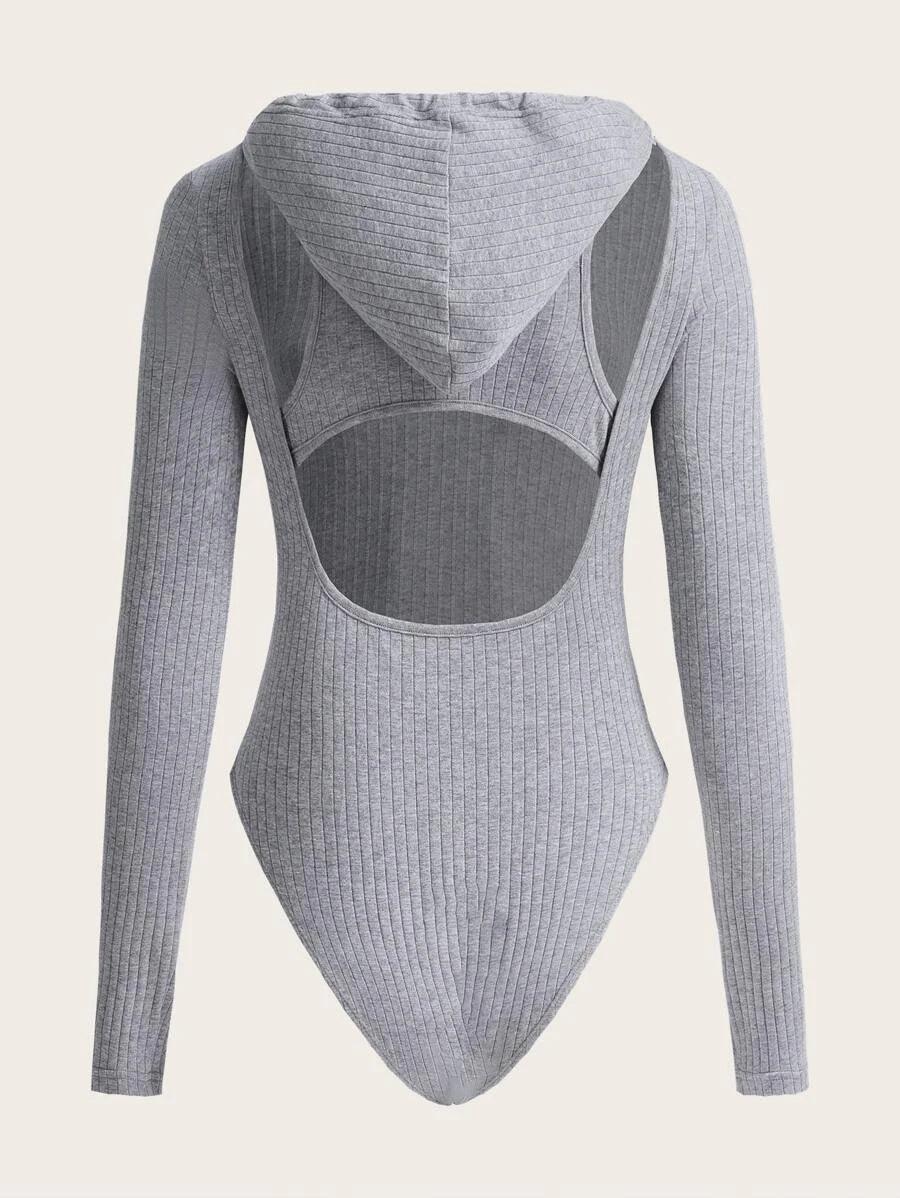 Ribbed Knit Drawstring Hooded Bodysuit-Comfy Jumpsuits