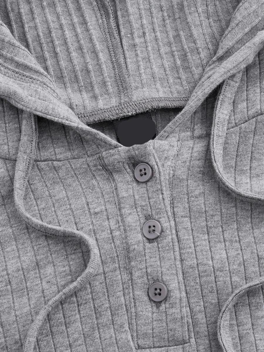 Ribbed Knit Drawstring Hooded Bodysuit-Comfy Jumpsuits